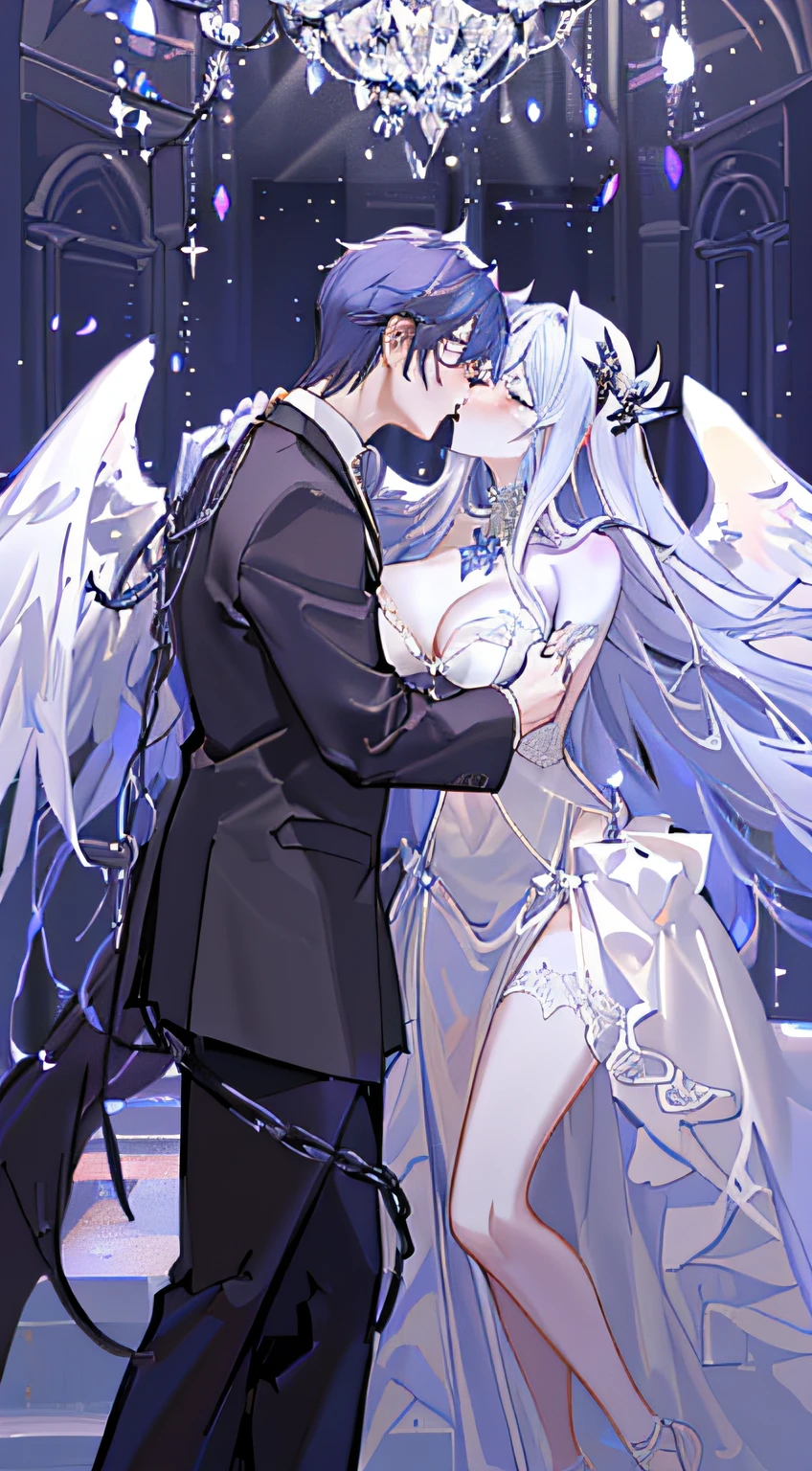 Clothed big breasts,((Excessive breast size)),huge tit,evening formal robes,Gorgeous accessories,Colar with a very long chain，Angels and demons dance together，Two people kissing