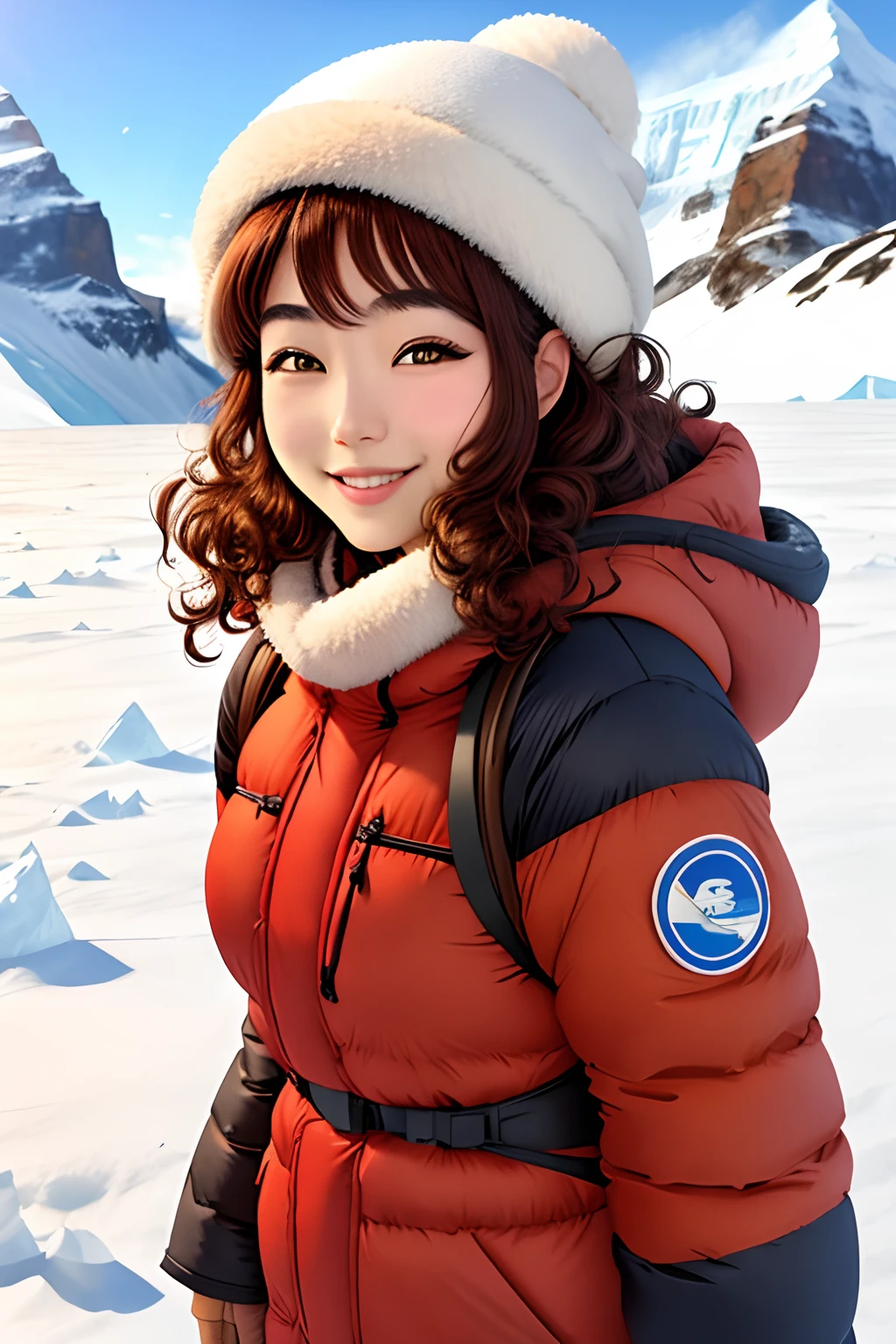 Italian Chinese girl with brown curly hair smiling confidently in Antarctica