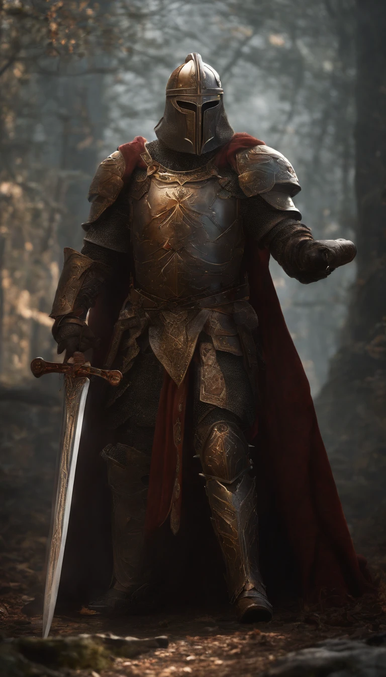 (Best quality,4K,8K,A high resolution,Masterpiece:1.2),Ultra-detailed,(Realistic,Photorealistic,photo-realistic:1.37),A sword-wielding demon armor warrior stood in the hall, Full body portrait of the mysterious knight, Wearing heavy armor,Behind him is a black cloak with a gorgeous pattern,A sacred warrior wielding a legendary sword, Mythical warriors in full-body armor, A golden knight with divine armor, The helmet is decorated with the devil's horns, The eyes glow blood-red, Concept art for glorious figures, Crimson Armor Knight, Epic Paladin armor, Holy medieval knight, Kneel on one knee, Hold the sword in one hand,Blades embedded in the earth, submission, Full body shot.