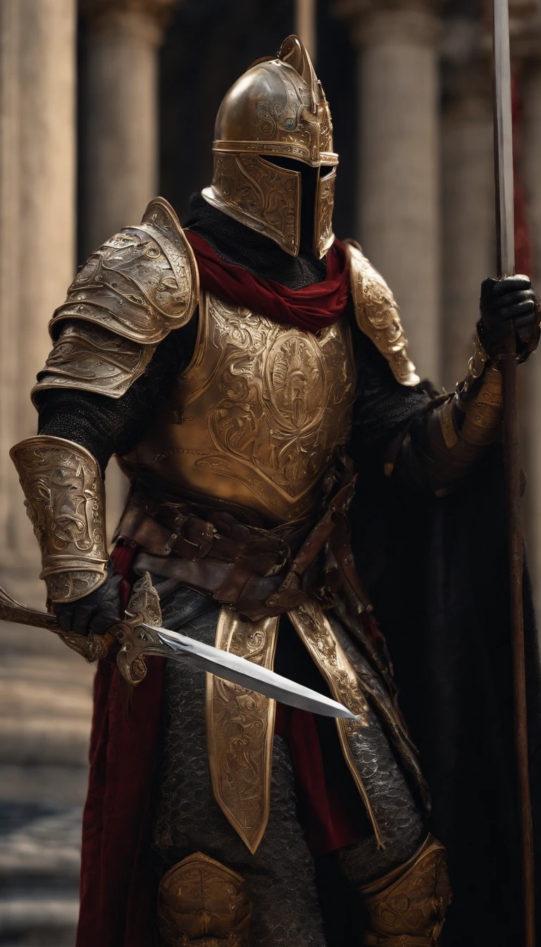 (Best quality,4K,8K,A high resolution,Masterpiece:1.2),Ultra-detailed,(Realistic,Photorealistic,photo-realistic:1.37),A sword-wielding demon armor warrior stood in the hall, Full body portrait of the mysterious knight, Wearing heavy armor,Behind him is a black cloak with a gorgeous pattern,A sacred warrior wielding a legendary sword, Mythical warriors in full-body armor, A golden knight with divine armor, The helmet is decorated with the devil's horns, The eyes glow blood-red, Concept art for glorious figures, Crimson Armor Knight, Epic Paladin armor, Holy medieval knight, Kneel on one knee, Hold the sword in one hand,Blades embedded in the earth, submission, Full body shot.