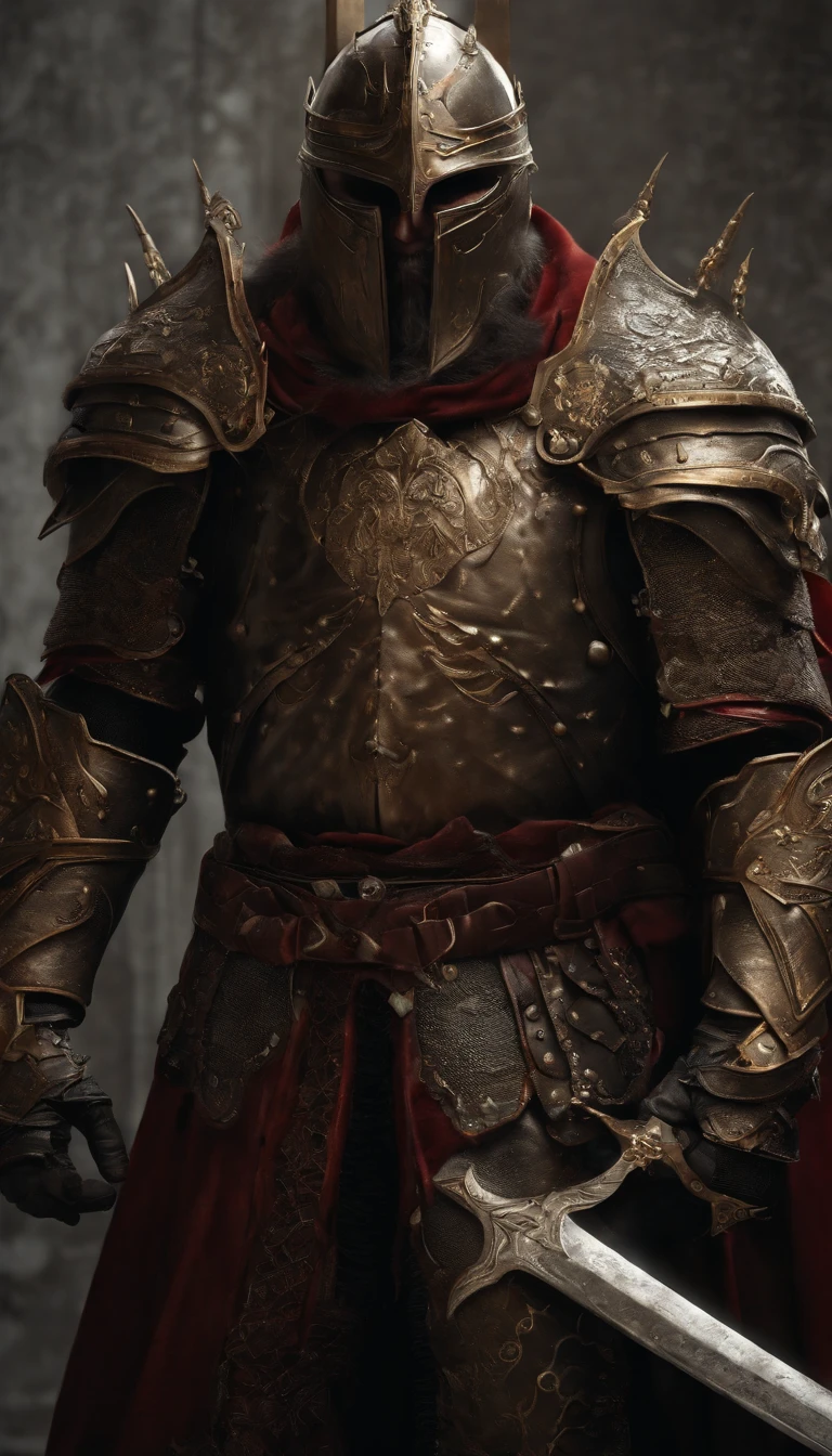 (Best quality,4K,8K,A high resolution,Masterpiece:1.2),Ultra-detailed,(Realistic,Photorealistic,photo-realistic:1.37),A sword-wielding demon armor warrior stood in the hall, Full body portrait of the mysterious knight, Wearing heavy armor，Behind him is a black cloak with a gorgeous pattern，A sacred warrior wielding a legendary sword, Mythical warriors in full-body armor, A golden knight with divine armor, The helmet is decorated with the devil's horns, The eyes glow blood-red, Concept art for glorious figures, Crimson Armor Knight, Epic Paladin armor, Holy medieval knight, Kneel on one knee, Hold the sword in one hand，Blades embedded in the earth, submission, Full body shot.