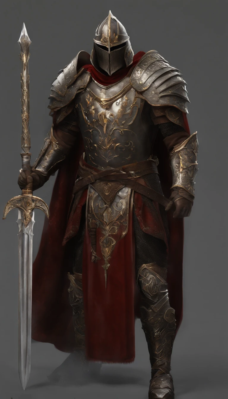 (Best quality,4K,8K,A high resolution,Masterpiece:1.2),Ultra-detailed,(Realistic,Photorealistic,photo-realistic:1.37),A sword-wielding demon armor warrior stood in the hall, Full body portrait of the mysterious knight, Wearing heavy armor，Behind him is a black cloak with a gorgeous pattern，A sacred warrior wielding a legendary sword, Mythical warriors in full-body armor, A golden knight with divine armor, The helmet is decorated with the devil's horns, The eyes glow blood-red, Concept art for glorious figures, Crimson Armor Knight, Epic Paladin armor, Holy medieval knight, Kneel on one knee, Hold the sword in one hand，Blades embedded in the earth, submission, Full body shot.