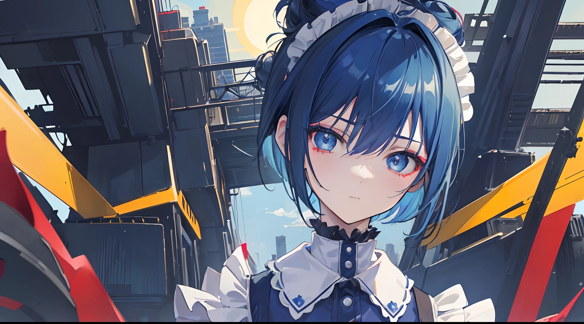looking at viewer, (Masterpiece),(High resolution), (vivid colors 1.2), 1 person, (creepy stare), Robot, emotionless, female, (very dark blue hair) ,(messy buns), ((short hair)), wearing maid outfit, (maid robot), background landscape, (Tokyo city), (Daytime), ((Sunny)), 4k anime style, 4k Best quality