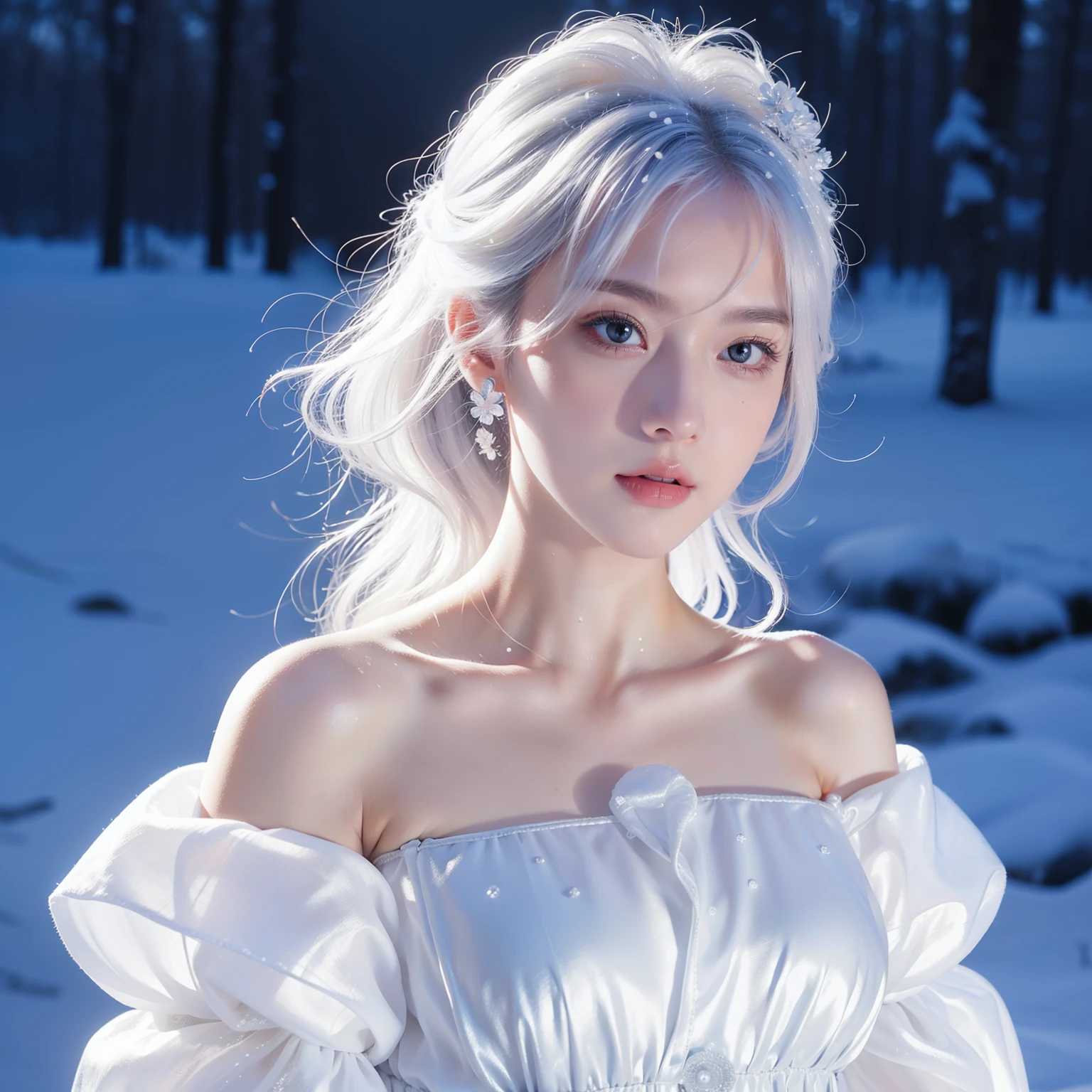 1girll,(Snow,Ice), snowflower, In winter, White hair, Shiny hair, Wavy hair, Transparent clothes, frilld, Lace, Wet clothes, Off_Shoulder, hair scrunchie,Masterpiece, Telephoto lens, absurderes, Exquisite facial features