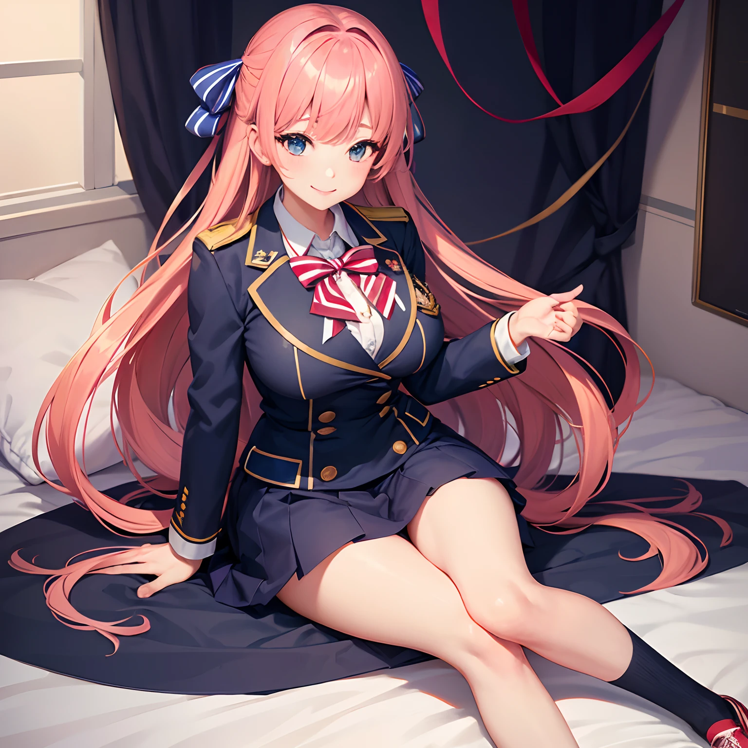 a beauty girl，Ribbon on uniform，blazers，a smile，girl，anime a girl，top-quality，huge tit，​masterpiece，Excellent style，Erotic cute，Long，超A high resolution，beautiful a girl，Lovely girl，multicolored hair，Loose Socks，