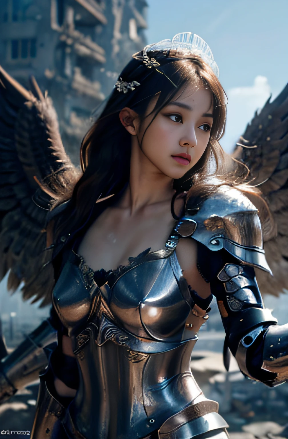 (masterpiece:1.2), ultra detailed, ultra high res, (realistic, photo realistic:1.37), high detail RAW color photo, professional photograph, an extremely delicate and beautiful, extremely detailed, 8k wallpaper, Amazing, finely detail, huge file size, extremely detailed beautiful girl, extremely detailed face, extremely detailed eyes, extremely detailed skin, extremely detailed fingers, extremely detailed nose, extremely detailed mouth, perfect anatomy, highly detailed background, (a famous actress of Japan:1.2), (gyaru:1.1), (flat chest:1.3), Dynamic lighting, (dynamic pose), (wings, valkyrie, priestess, paladin, knight, angel, armor, valkyrie armor, paladin armor, knight, armor, angel wings, winged helmet, winged headgear, priestess clothes), (Destroyed city:1.4), (heavy rain:1.3), cowboy shot,