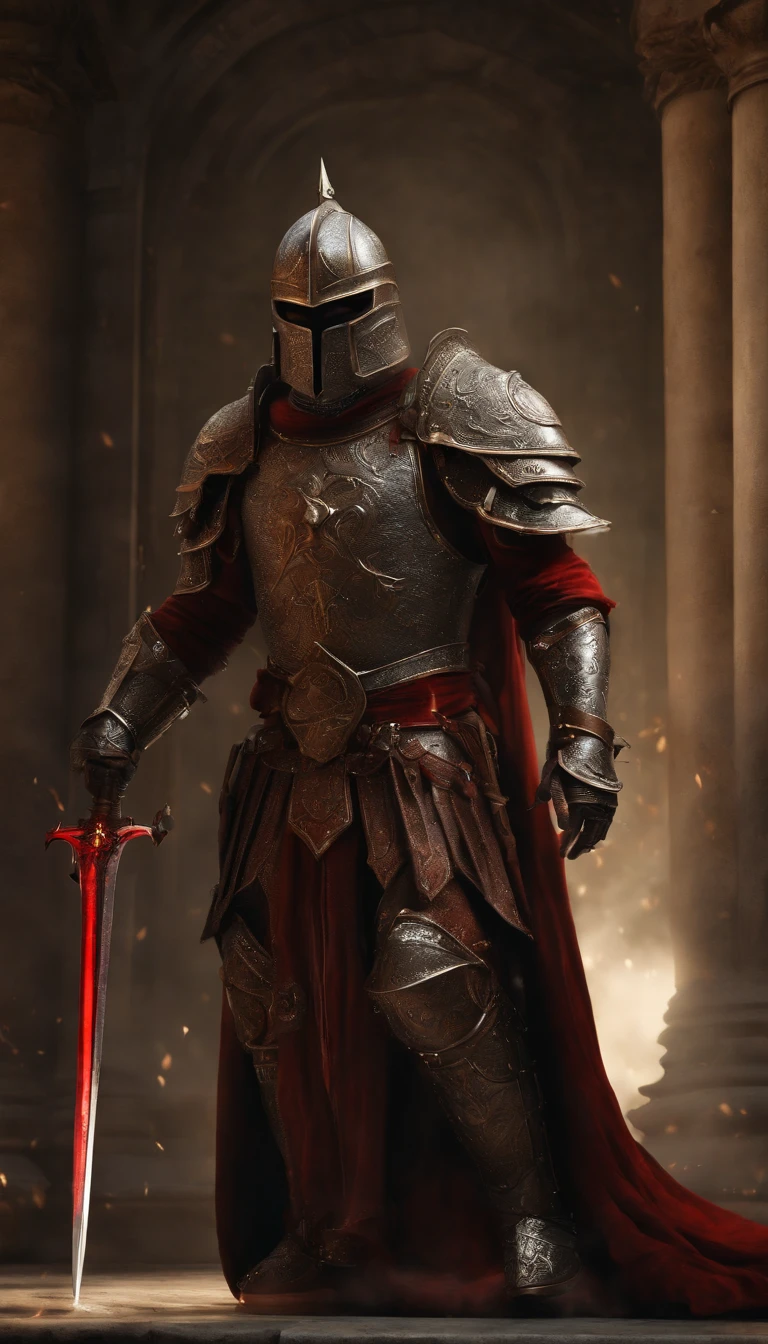 (Best quality,4K,8K,A high resolution,Masterpiece:1.2),Ultra-detailed,(Realistic,Photorealistic,photo-realistic:1.37),A sword-wielding demon armor warrior stood in the hall, Full body portrait of the mysterious knight, Wearing heavy armor，Behind him is a black cloak with a gorgeous pattern，A sacred warrior wielding a legendary sword, Mythical warriors in full-body armor, A golden knight with divine armor, The helmet is decorated with the devil's horns, The eyes glow blood-red, Concept art for glorious figures, Crimson Armor Knight, Epic Paladin armor, Holy medieval knight, Kneel on one knee, Hold the sword in one hand，Blades embedded in the earth, ??????????, Full body shot.