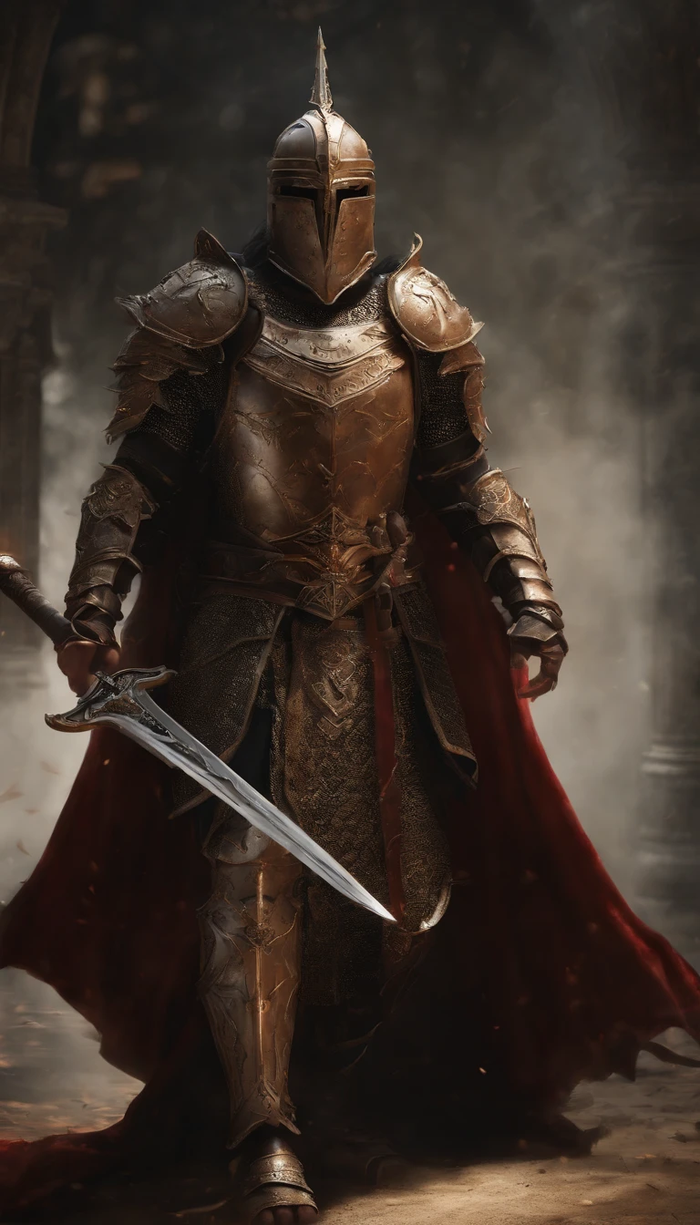 (Best quality,4K,8K,A high resolution,Masterpiece:1.2),Ultra-detailed,(Realistic,Photorealistic,photo-realistic:1.37),A sword-wielding demon armor warrior stood in the hall, Full body portrait of the mysterious knight, Wearing heavy armor，Behind him is a black cloak with a gorgeous pattern，A sacred warrior wielding a legendary sword, Mythical warriors in full-body armor, A golden knight with divine armor, The helmet is decorated with the devil's horns, The eyes glow blood-red, Concept art for glorious figures, Crimson Armor Knight, Epic Paladin armor, Holy medieval knight, Kneel on one knee, Hold the sword in one hand，Blades embedded in the earth, submission, Full body shot.