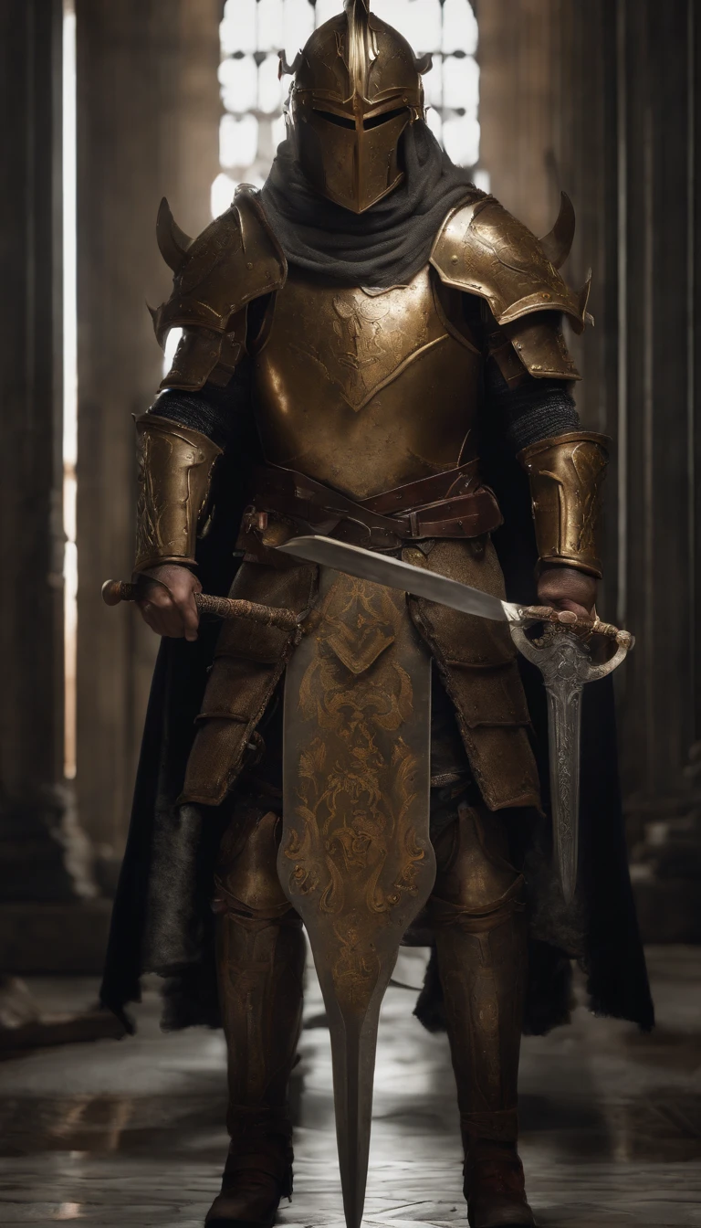 (Best quality,4K,8K,A high resolution,Masterpiece:1.2),Ultra-detailed,(Realistic,Photorealistic,photo-realistic:1.37),A sword-wielding demon armor warrior stood in the hall, Full body portrait of the mysterious knight, Wearing heavy armor,Behind him is a black cloak with a gorgeous pattern,A sacred warrior wielding a legendary sword, Mythical warriors in full-body armor, A golden knight with divine armor, The helmet is decorated with the devil's horns, The eyes glow blood-red, Concept art for glorious figures, Crimson Armor Knight, Epic Paladin armor, Holy medieval knight, Kneel on one knee, Hold the sword in one hand,Blades embedded in the earth, submission, Full body shot.