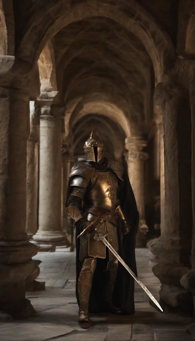 (Best quality,4K,8K,A high resolution,Masterpiece:1.2),Ultra-detailed,(Realistic,Photorealistic,photo-realistic:1.37),A sword-wielding demon armor warrior stood in the hall, Full body portrait of the mysterious knight, Wearing heavy armor，Behind him is a black cloak with a gorgeous pattern，A sacred warrior wielding a legendary sword, Mythical warriors in full-body armor, A golden knight with divine armor, The helmet is decorated with the devil's horns, The eyes glow blood-red, Concept art for glorious figures, Crimson Armor Knight, Epic Paladin armor, Holy medieval knight, Kneel on one knee, Hold the sword in one hand，Blades embedded in the earth, submission, Full body shot.