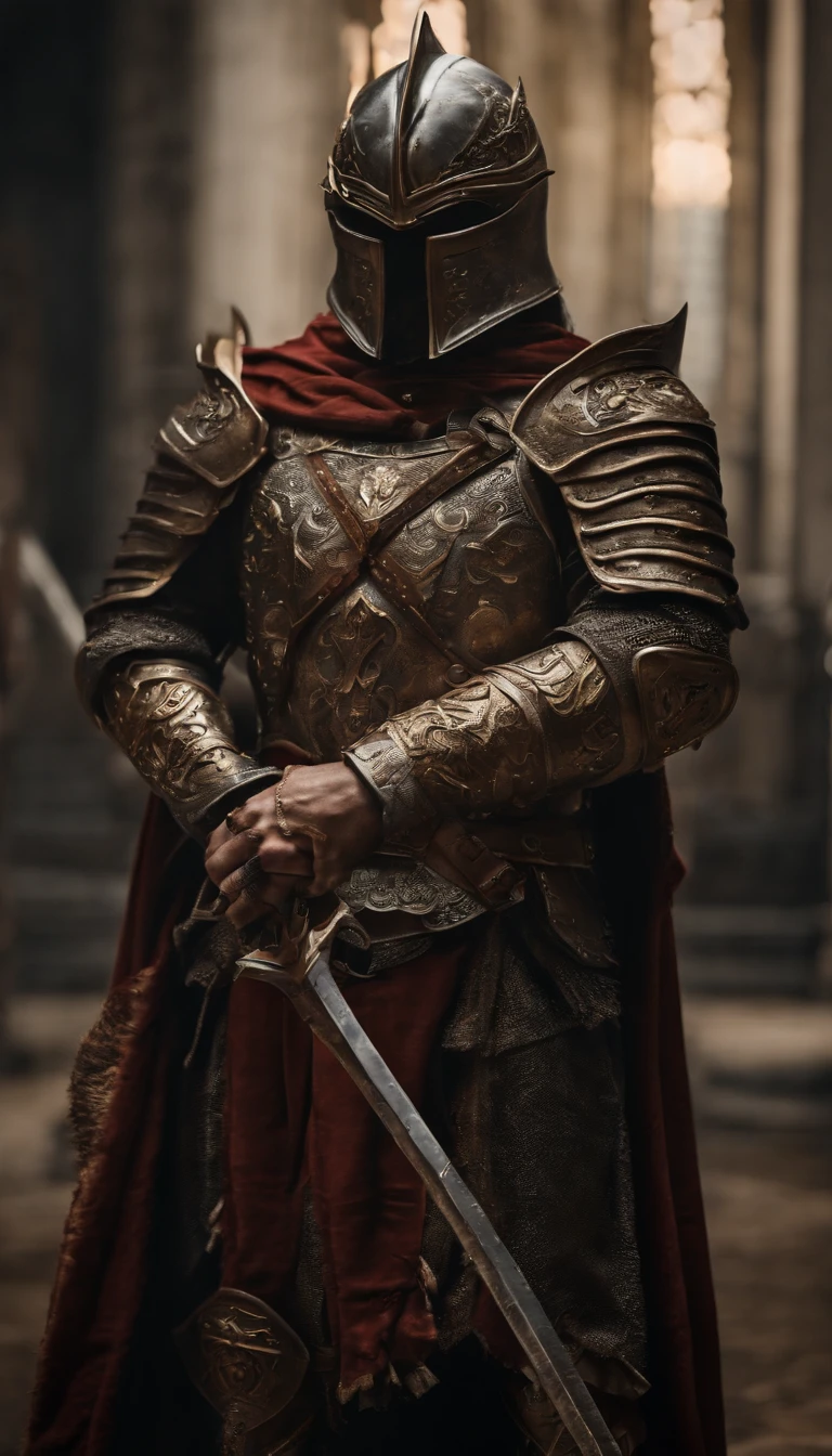 (Best quality,4K,8K,A high resolution,Masterpiece:1.2),Ultra-detailed,(Realistic,Photorealistic,photo-realistic:1.37),A sword-wielding demon armor warrior stood in the hall, Full body portrait of the mysterious knight, Wearing heavy armor,Behind him is a black cloak with a gorgeous pattern,A sacred warrior wielding a legendary sword, Mythical warriors in full-body armor, A golden knight with divine armor, The helmet is decorated with the devil's horns, The eyes glow blood-red, Concept art for glorious figures, Crimson Armor Knight, Epic Paladin armor, Holy medieval knight, Kneel on one knee, Hold the sword in one hand,Blades embedded in the earth, ??????????, Full body shot.