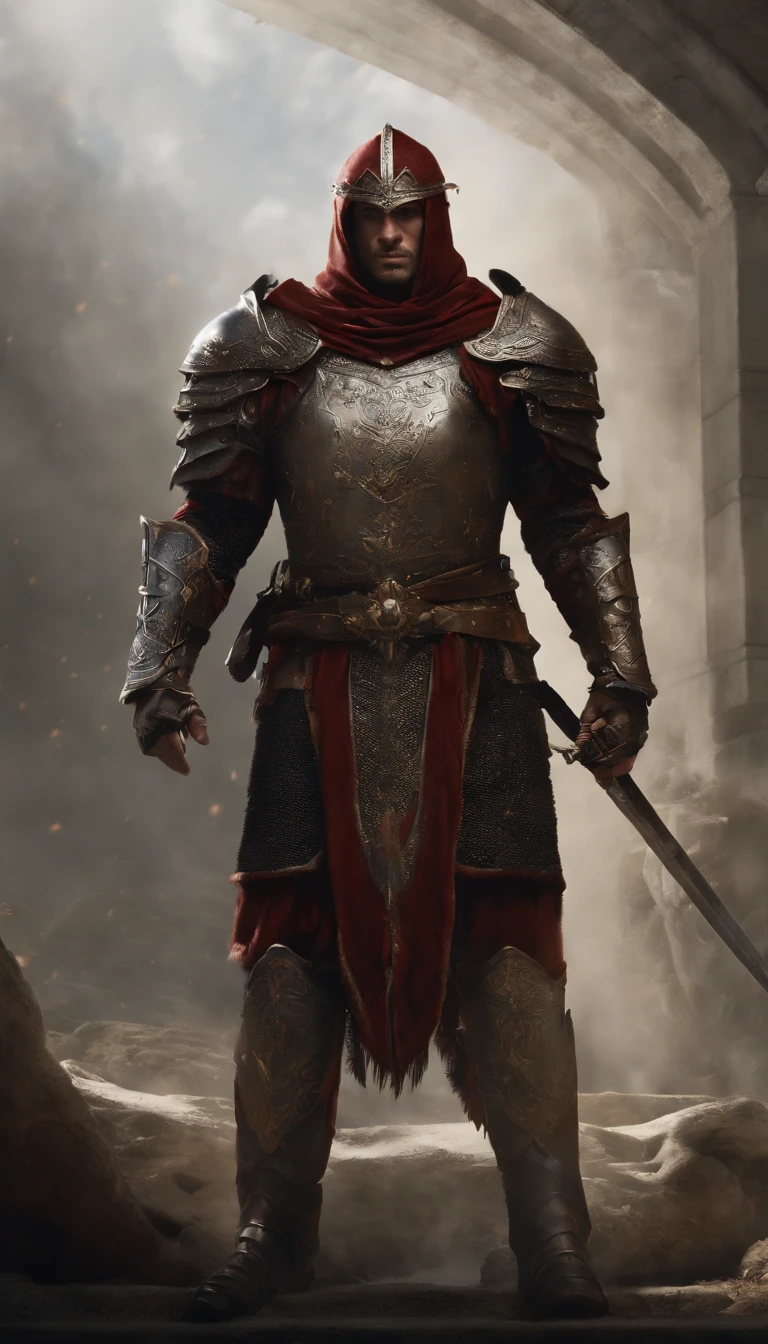 (Best quality,4K,8K,A high resolution,Masterpiece:1.2),Ultra-detailed,(Realistic,Photorealistic,photo-realistic:1.37),A sword-wielding demon armor warrior stood in the hall, Full body portrait of the mysterious knight, Wearing heavy armor，Behind him is a black cloak with a gorgeous pattern，A sacred warrior wielding a legendary sword, Mythical warriors in full-body armor, A golden knight with divine armor, The helmet is decorated with the devil's horns, The eyes glow blood-red, Concept art for glorious figures, Crimson Armor Knight, Epic Paladin armor, Holy medieval knight, Kneel on one knee, Hold the sword in one hand，Blades embedded in the earth, submission, Full body shot.