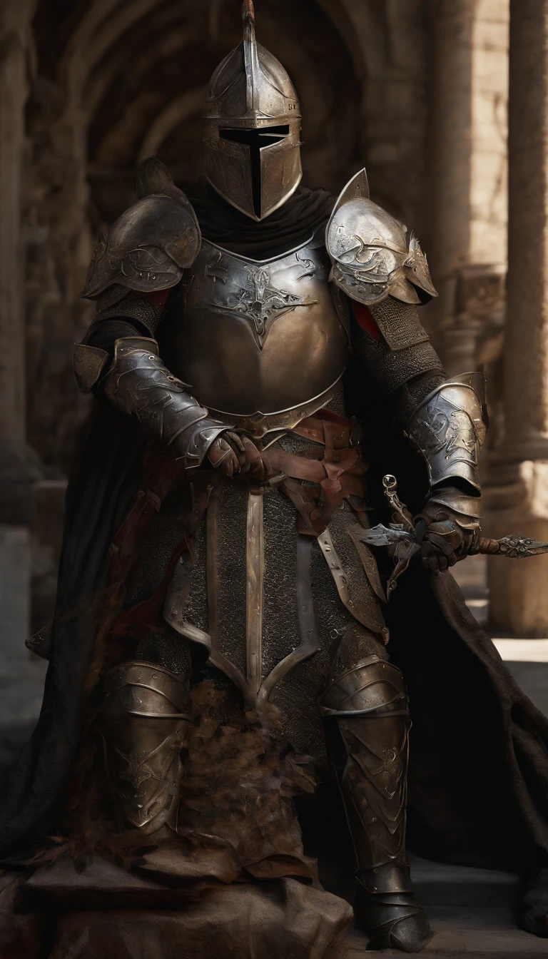 (Best quality,4K,8K,A high resolution,Masterpiece:1.2),Ultra-detailed,(Realistic,Photorealistic,photo-realistic:1.37),A sword-wielding demon armor warrior stood in the hall, Full body portrait of the mysterious knight, Wearing heavy armor,Behind him is a black cloak with a gorgeous pattern,A sacred warrior wielding a legendary sword, Mythical warriors in full-body armor, A golden knight with divine armor, The helmet is decorated with the devil's horns, The eyes glow blood-red, Concept art for glorious figures, Crimson Armor Knight, Epic Paladin armor, Holy medieval knight, Kneel on one knee, Hold the sword in one hand,Blades embedded in the earth, submission, Full body shot.
