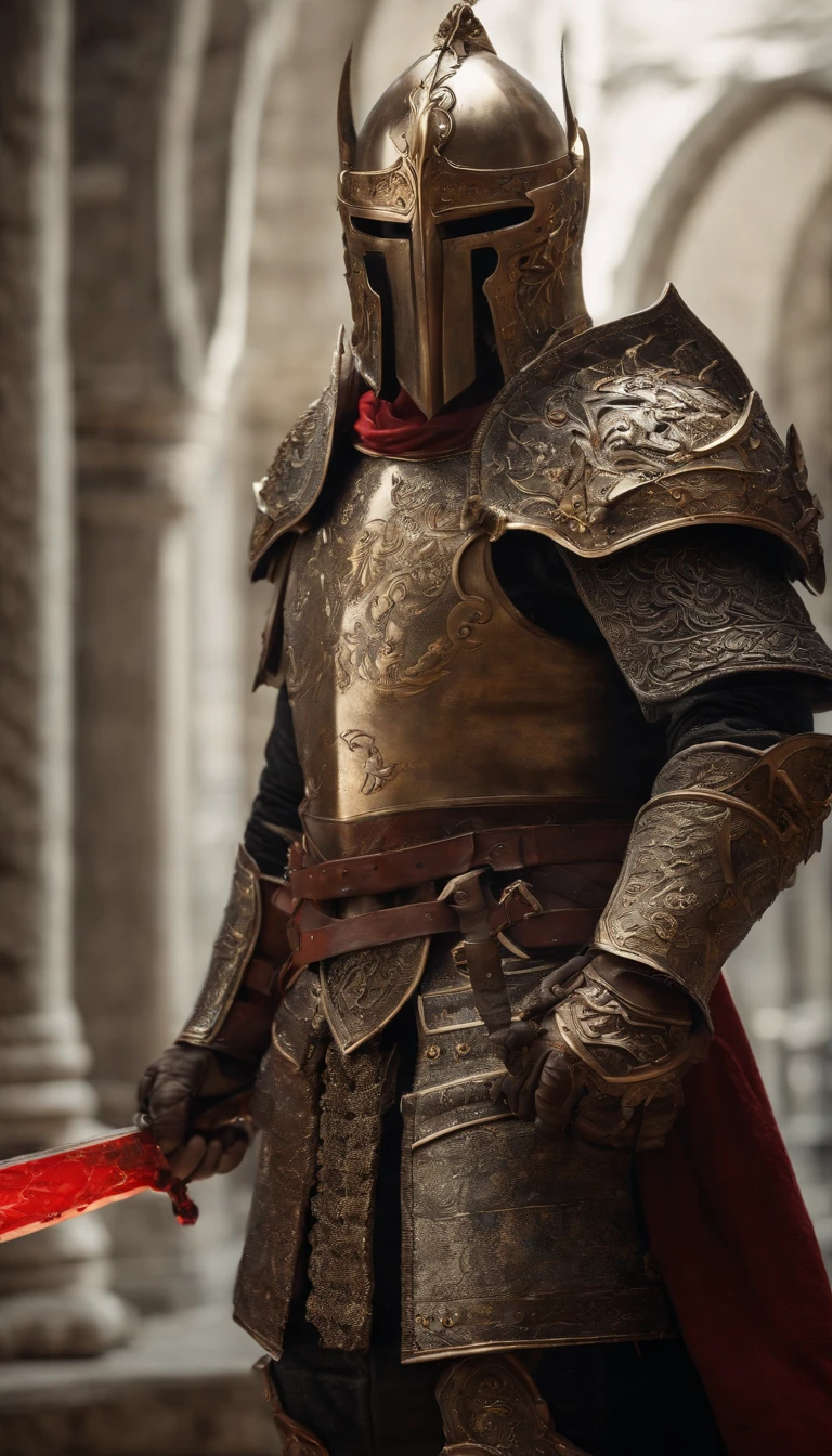 (Best quality,4K,8K,A high resolution,Masterpiece:1.2),Ultra-detailed,(Realistic,Photorealistic,photo-realistic:1.37),A sword-wielding demon armor warrior stood in the hall, Full body portrait of the mysterious knight, Wearing heavy armor,Behind him is a black cloak with a gorgeous pattern,A sacred warrior wielding a legendary sword, Mythical warriors in full-body armor, A golden knight with divine armor, The helmet is decorated with the devil's horns, The eyes glow blood-red, Concept art for glorious figures, Crimson Armor Knight, Epic Paladin armor, Holy medieval knight, Kneel on one knee, Hold the sword in one hand,Blades embedded in the earth, submission, Full body shot.