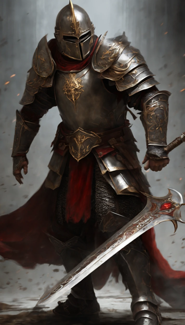 (Best quality,4K,8K,A high resolution,Masterpiece:1.2),Ultra-detailed,(Realistic,Photorealistic,photo-realistic:1.37),A sword-wielding demon armor warrior stood in the hall, Full body portrait of the mysterious knight, Wearing heavy armor,Behind him is a black cloak with a gorgeous pattern,A sacred warrior wielding a legendary sword, Mythical warriors in full-body armor, A golden knight with divine armor, The helmet is decorated with the devil's horns, The eyes glow blood-red, Concept art for glorious figures, Crimson Armor Knight, Epic Paladin armor, Holy medieval knight, Kneel on one knee, Hold the sword in one hand,Blades embedded in the earth, submission, Full body shot.
