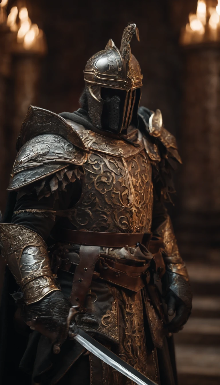 (Best quality,4K,8K,A high resolution,Masterpiece:1.2),Ultra-detailed,(Realistic,Photorealistic,photo-realistic:1.37),A sword-wielding demon armor warrior stood in the hall, Full body portrait of the mysterious knight, Wearing heavy armor，Behind him is a black cloak with a gorgeous pattern，A sacred warrior wielding a legendary sword, Mythical warriors in full-body armor, A golden knight with divine armor, The helmet is decorated with the devil's horns, The eyes glow blood-red, Concept art for glorious figures, Crimson Armor Knight, Epic Paladin armor, Holy medieval knight, Kneel on one knee, Hold the sword in one hand，Blades embedded in the earth, submission, Full body shot.