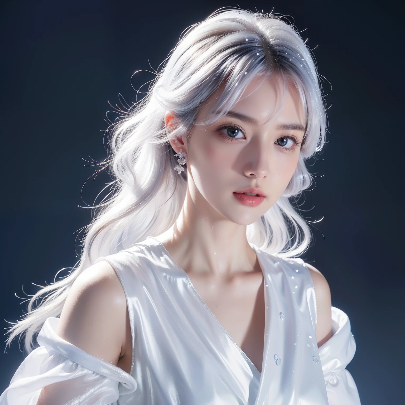 1girll,(Snow,Ice), snowflower, In winter, White hair, Shiny hair, Wavy hair, Transparent clothes, frilld, Lace, Wet clothes, Off_Shoulder, hair scrunchie,Masterpiece, Telephoto lens, absurderes, Exquisite facial features