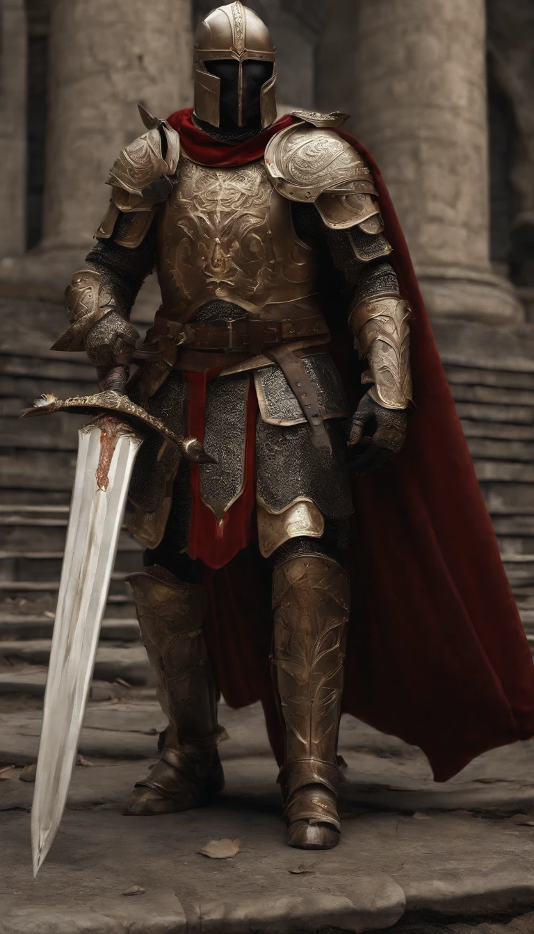 (Best quality,4K,8K,A high resolution,Masterpiece:1.2),Ultra-detailed,(Realistic,Photorealistic,photo-realistic:1.37),A sword-wielding demon armor warrior stood in the hall, Full body portrait of the mysterious knight, Wearing heavy armor，Behind him is a black cloak with a gorgeous pattern，A sacred warrior wielding a legendary sword, Mythical warriors in full-body armor, A golden knight with divine armor, The helmet is decorated with the devil's horns, The eyes glow blood-red, Concept art for glorious figures, Crimson Armor Knight, Epic Paladin armor, Holy medieval knight, Kneel on one knee, Hold the sword in one hand，Blades embedded in the earth, submission, Full body shot.