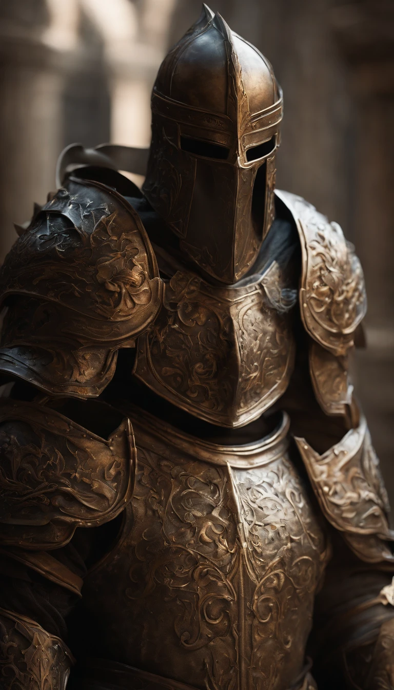 (Best quality,4K,8K,A high resolution,Masterpiece:1.2),Ultra-detailed,(Realistic,Photorealistic,photo-realistic:1.37),A sword-wielding demon armor warrior stood in the hall, Full body portrait of the mysterious knight, Wearing heavy armor，Behind him is a black cloak with a gorgeous pattern，A sacred warrior wielding a legendary sword, Mythical warriors in full-body armor, A golden knight with divine armor, The helmet is decorated with the devil's horns, The eyes glow blood-red, Concept art for glorious figures, Crimson Armor Knight, Epic Paladin armor, Holy medieval knight, Kneel on one knee, Hold the sword in one hand，Blades embedded in the earth, submission, Full body shot.