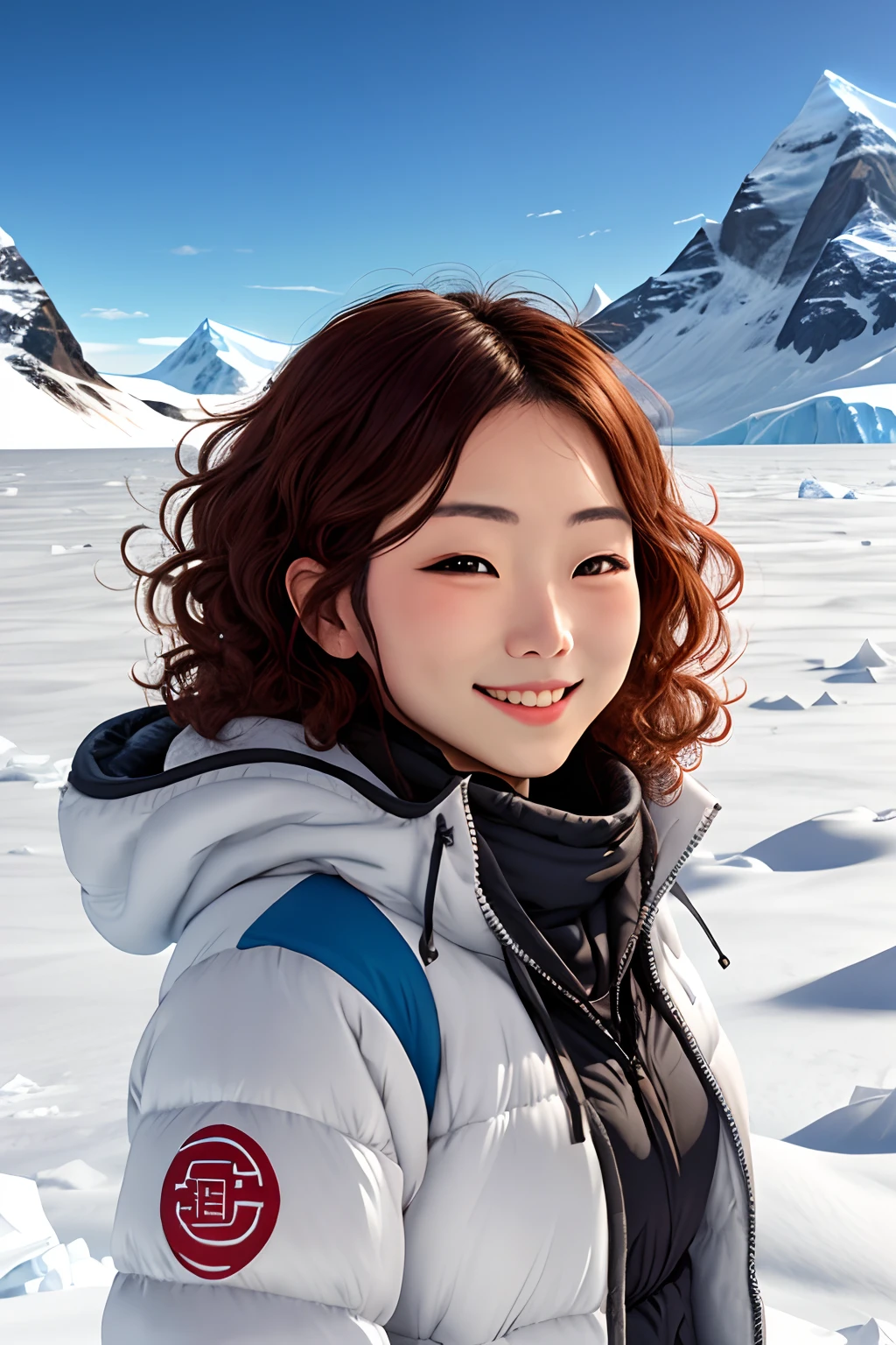 Italian Chinese girl with brown curly hair smiling confidently in Antarctica