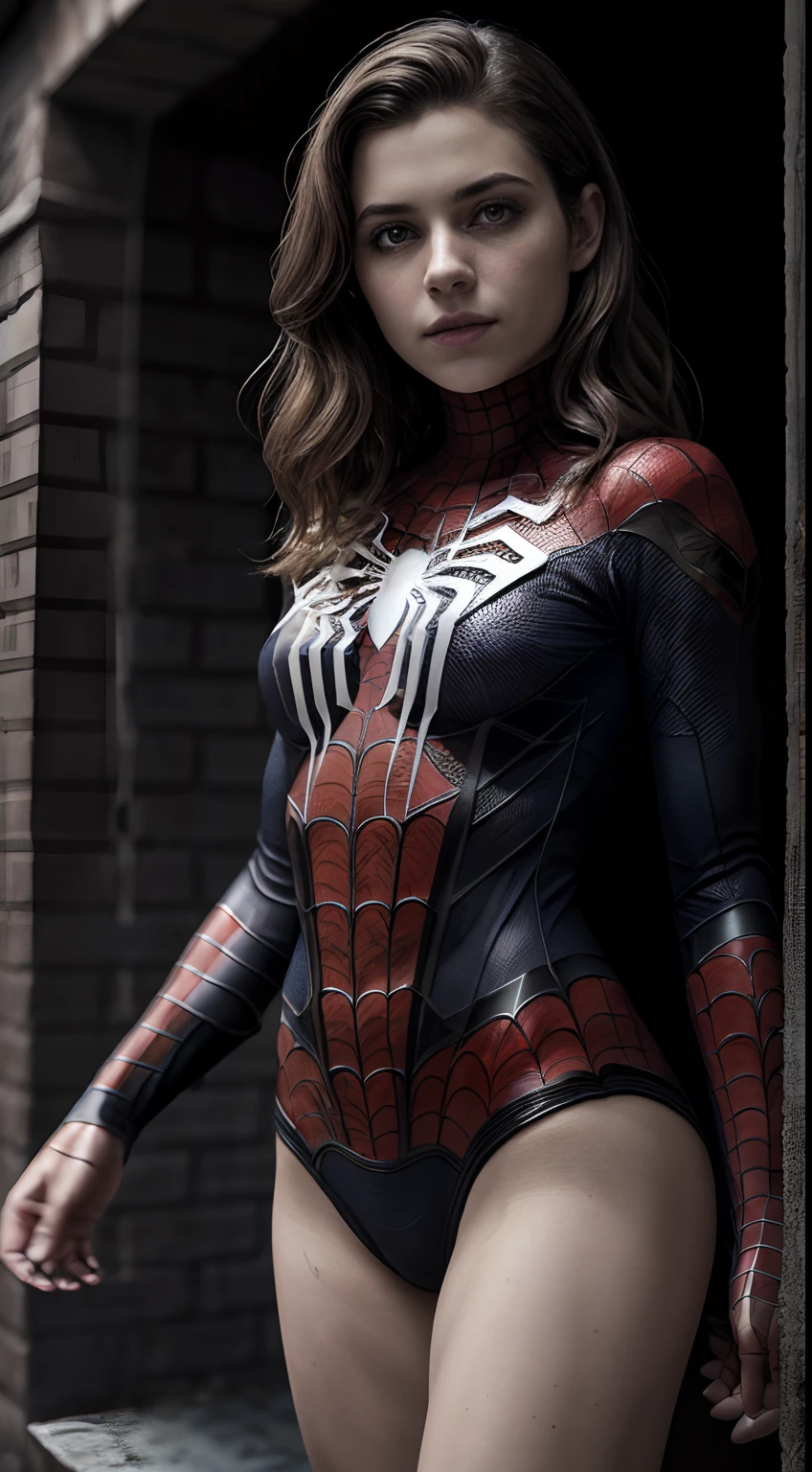 ((masterpiece, 8k, full high resolution, wide camera angle, cowboy shot , detailed photograph, cinematic shot)), ((spider man costume, ultra realistic costume))<a girl in the spider woman dress, oval face structure, almond eye type, Hazal eye color, symmetrical face, 32 inch breast size, soft wavy hair, yellow hair color, short hair length, pale skin color, very horrific background