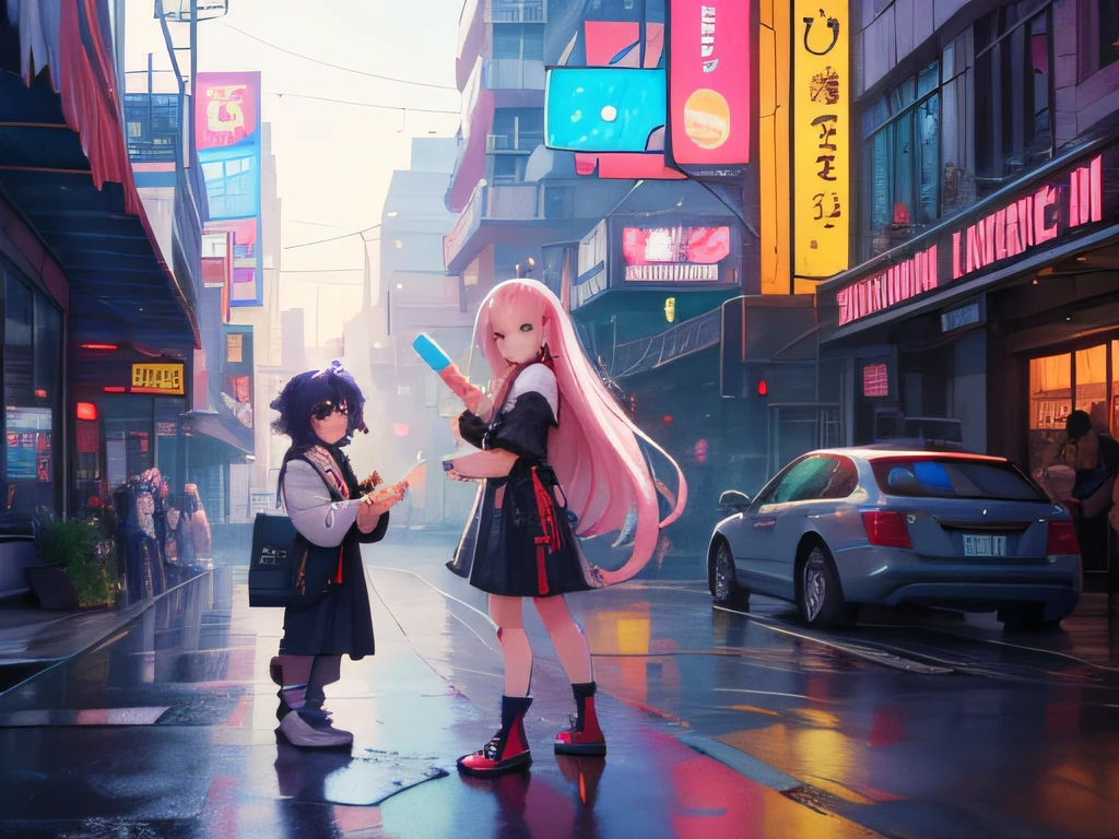 (Pixel art_1.1)1girll,Very long hair,natta,street, cats,Small puddles,Sateen,neonlight,toyko,cyber punk perssonage,Eat popsicles,Insert into pocket,shoulder strap,short- sleeved,white colors,nipple play,fighting game,game footage,Wallpapers,