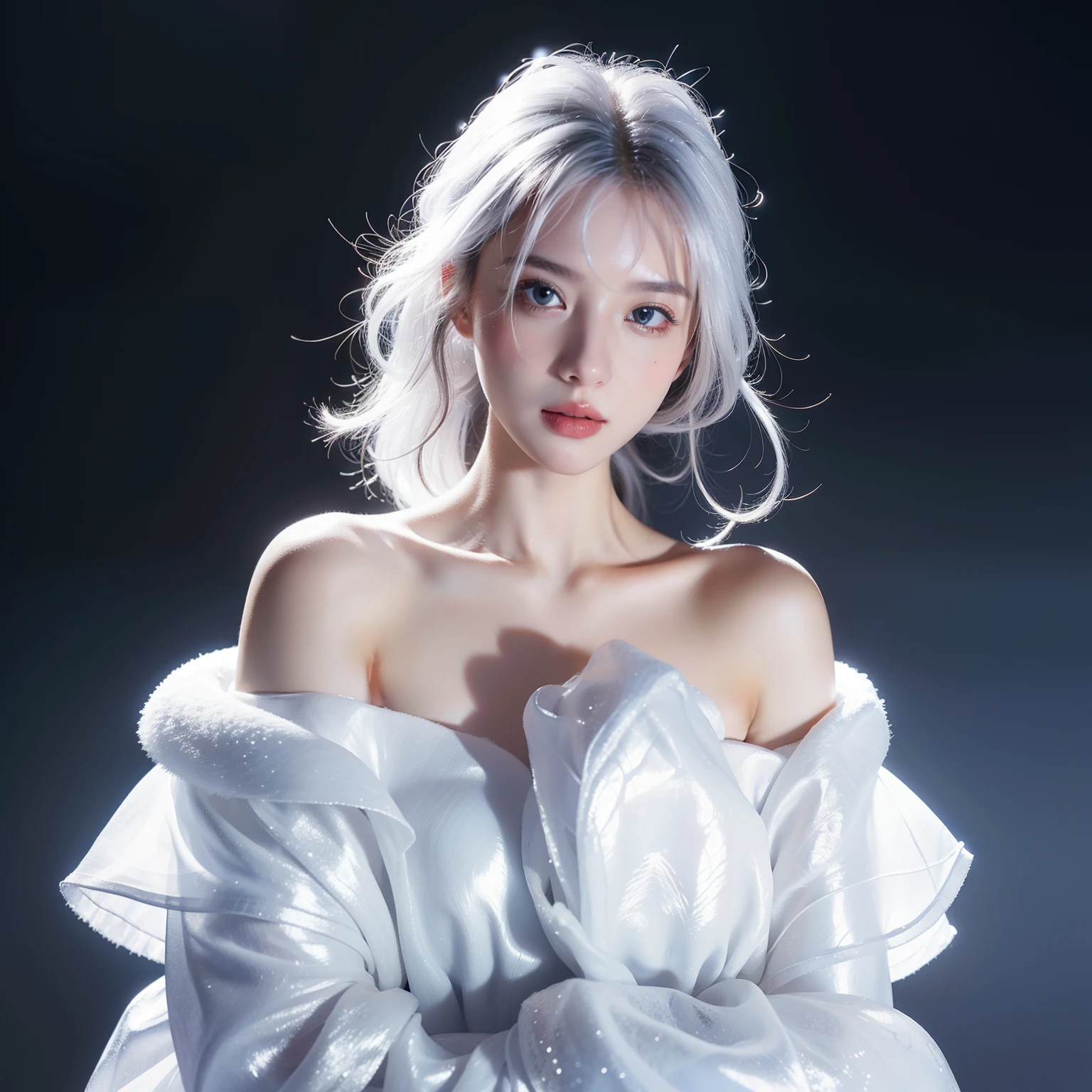 1girll,(Snow,Ice), snowflower, In winter, White hair, Shiny hair, Wavy hair, Transparent clothes, frilld, Lace, Wet clothes, Off_Shoulder, hair scrunchie,Masterpiece, Telephoto lens, absurderes, Exquisite facial features