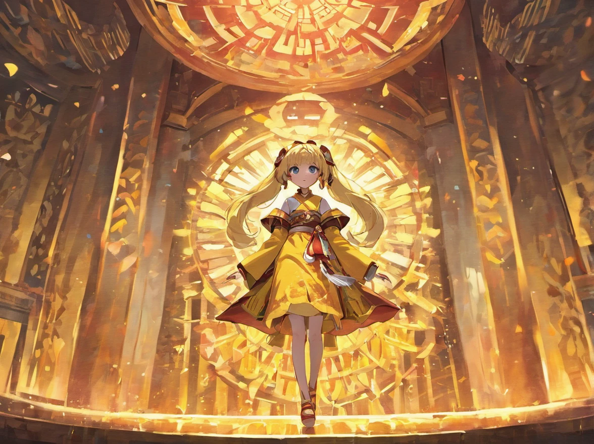 A little girl about 18 years old could not kneel in the Temple of Wealth（The whole picture should be able to see that an 18-year-old girl kneels down in the Temple of Wealth，The overall color scheme is the scene of the first rays of sunlight shining into the Temple of Wealth）（The style is an ancient Chinese style and a Japanese anime style）