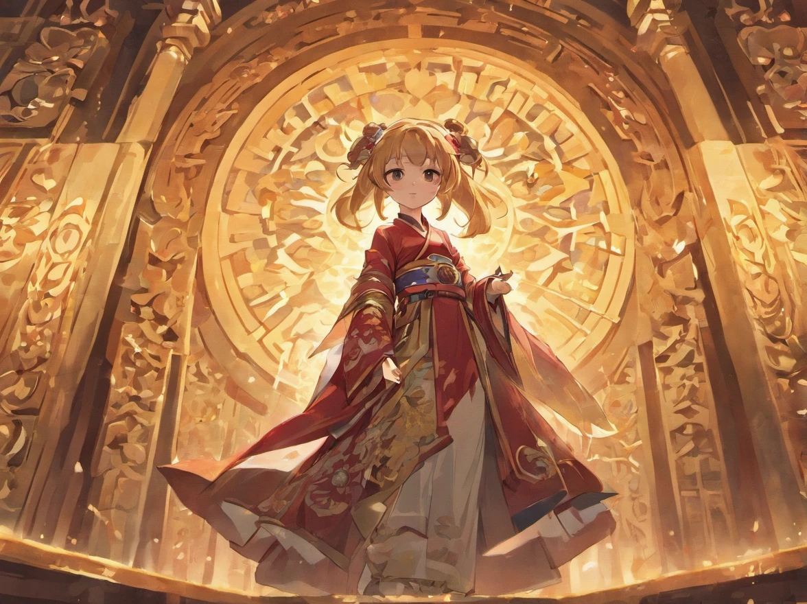 A little girl about 18 years old could not kneel in the Temple of Wealth（The whole picture should be able to see that an 18-year-old girl kneels down in the Temple of Wealth，The overall color scheme is the scene of the first rays of sunlight shining into the Temple of Wealth）（The style is an ancient Chinese style and a Japanese anime style）