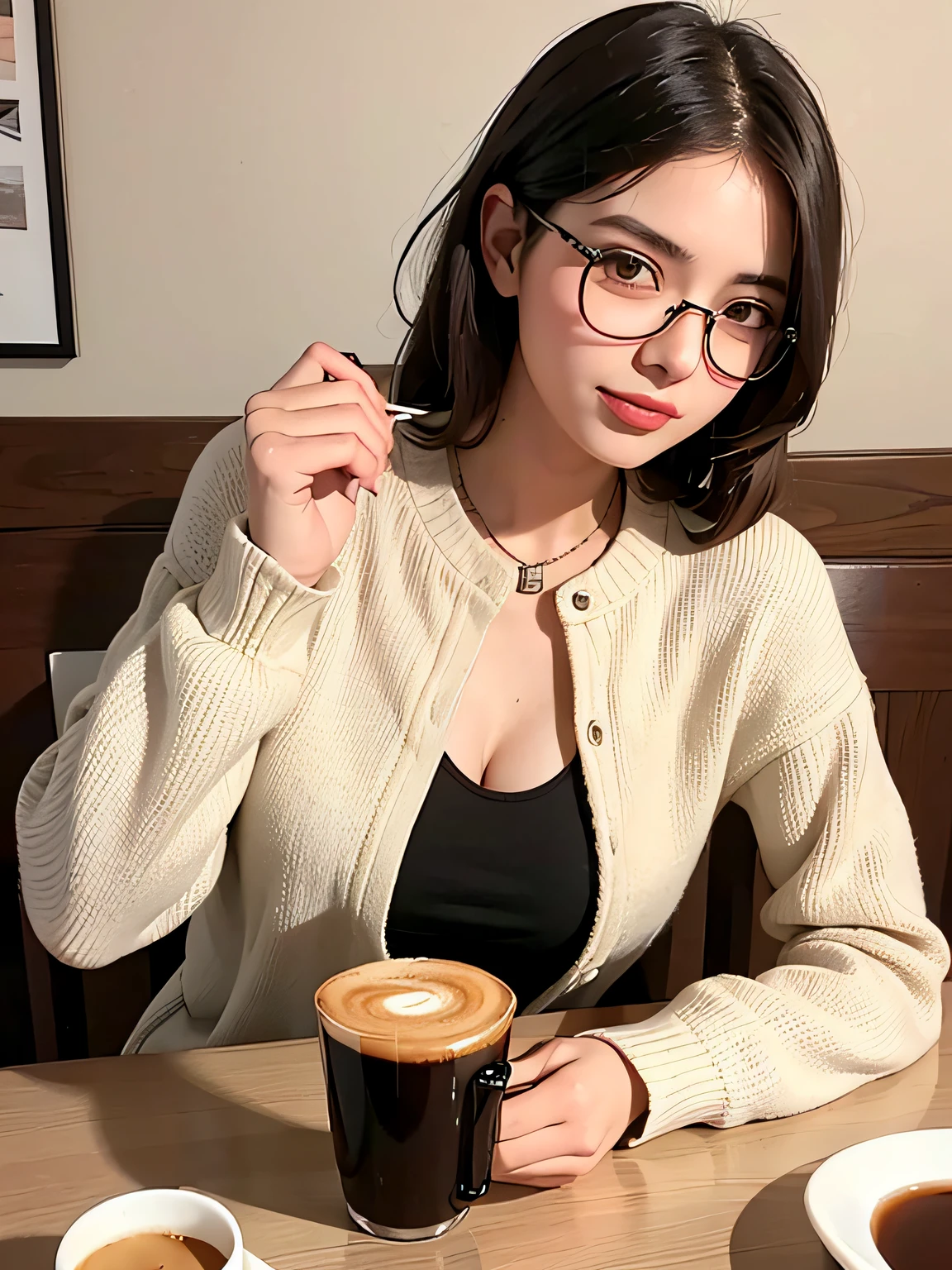 (((UHD))), (((masterpiece))), (((8k))), (((highres))), (((Surrealism))), (((cinematic lighting))), god rays, zoom layer, (((cowboy shot))), f/4.0, Canon, A quiet girl, barista,cafe, Nudity, Bare chest, No Top, Show off nipples, small nipples, striped skirt, shiny skin,detailed skin,detailed face, detailed eyes, latte art, glasses, bob cut, necklace , interior, window, ceiling, white, pastel
