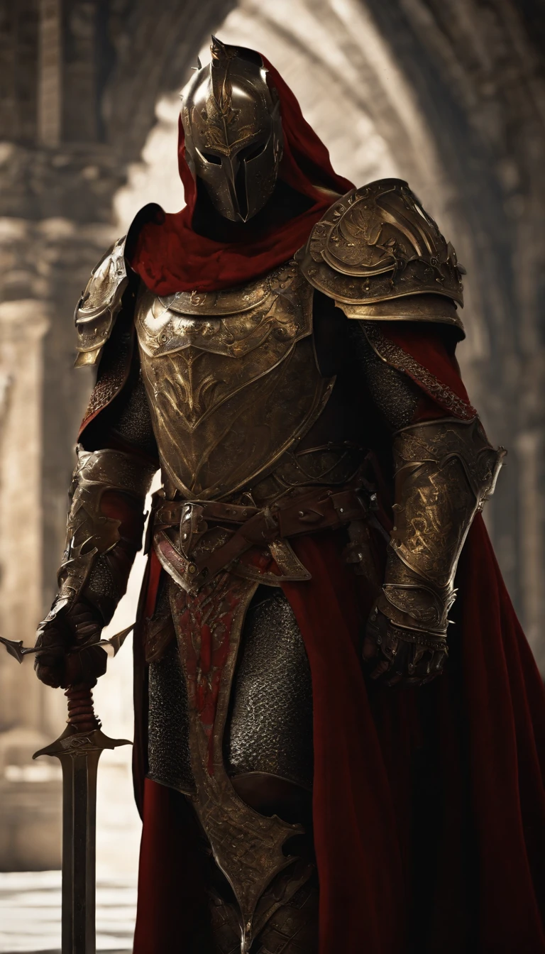 (Best quality,4K,8K,A high resolution,Masterpiece:1.2),Ultra-detailed,(Realistic,Photorealistic,photo-realistic:1.37),A sword-wielding demon armor warrior stood in the hall, Full body portrait of the mysterious knight, Wearing heavy armor，Behind him is a black cloak with a gorgeous pattern，A sacred warrior wielding a legendary sword, Mythical warriors in full-body armor, A golden knight with divine armor, The helmet is decorated with the devil's horns, The eyes glow blood-red, Concept art for glorious figures, Crimson Armor Knight, Epic Paladin armor, Holy medieval knight, Hold a long sword in one hand，Blades embedded in the earth, submission, Full body shot.