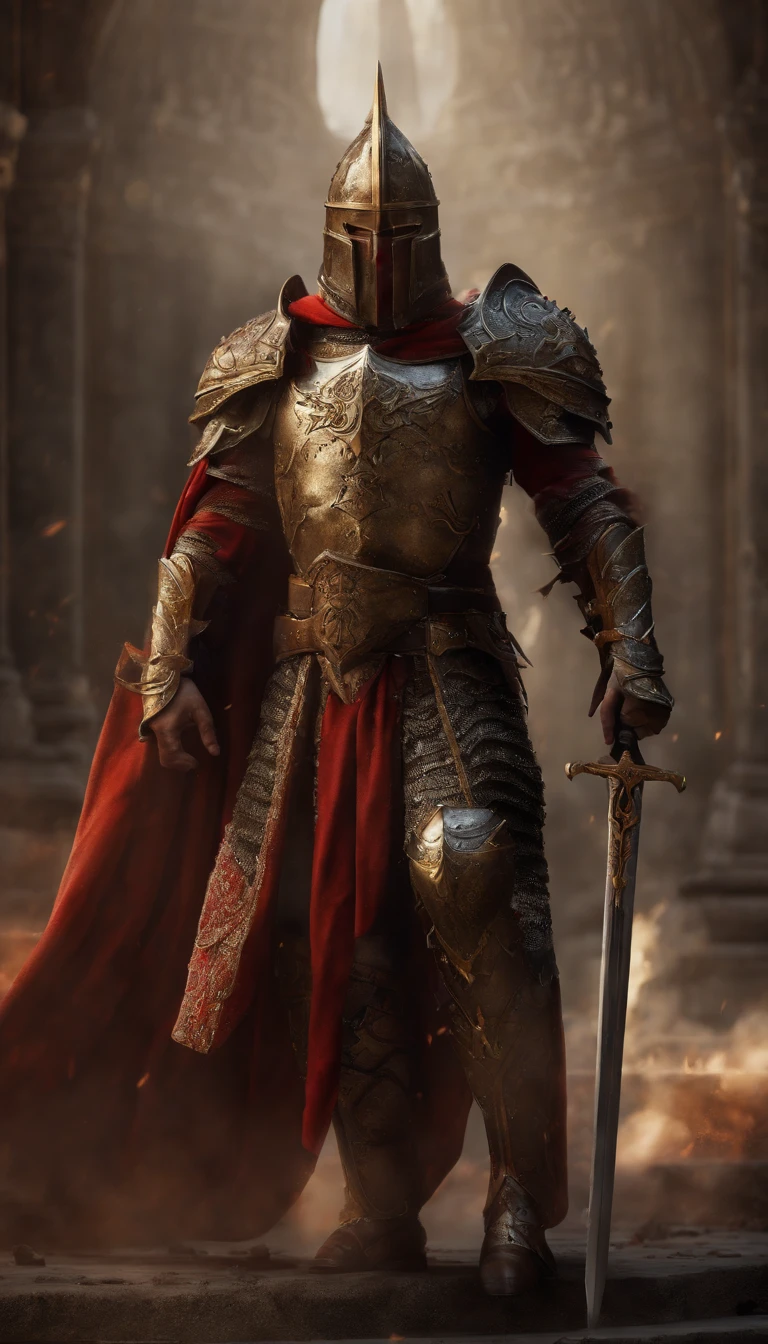 (Best quality,4K,8K,A high resolution,Masterpiece:1.2),Ultra-detailed,(Realistic,Photorealistic,photo-realistic:1.37),A sword-wielding demon armor warrior stood in the hall, Full body portrait of the mysterious knight, Wearing heavy armor,Behind him is a black cloak with a gorgeous pattern,A sacred warrior wielding a legendary sword, Mythical warriors in full-body armor, A golden knight with divine armor, The helmet is decorated with the devil's horns, The eyes glow blood-red, Concept art for glorious figures, Crimson Armor Knight, Epic Paladin armor, Holy medieval knight, Hold a long sword in one hand,Blades embedded in the earth, submission, Full body shot.