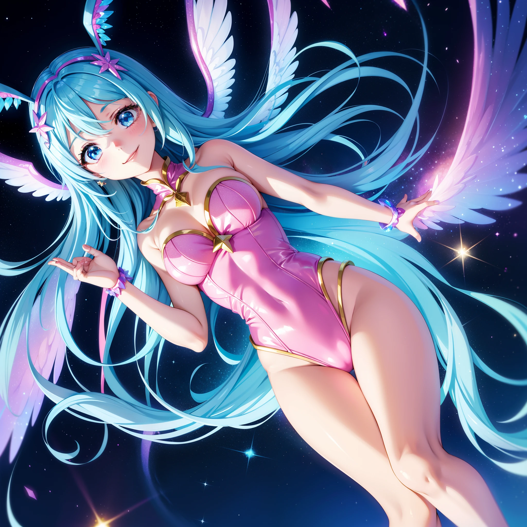 Super Idol a beauty girl A charming smile sky blue hair length hair Twin-tailed Glittery bright pink and white and blue and yellow leotards Facing straight ahead and spreading hands wide Spreading six large iridescent angel wings on its back Mystical Spectacular sparkling backdrops you've never seen before Fantasia constellation a moon Crystal Brilliance Aurora Borealis in the Night Sky Angelic aura Fantasy of Light