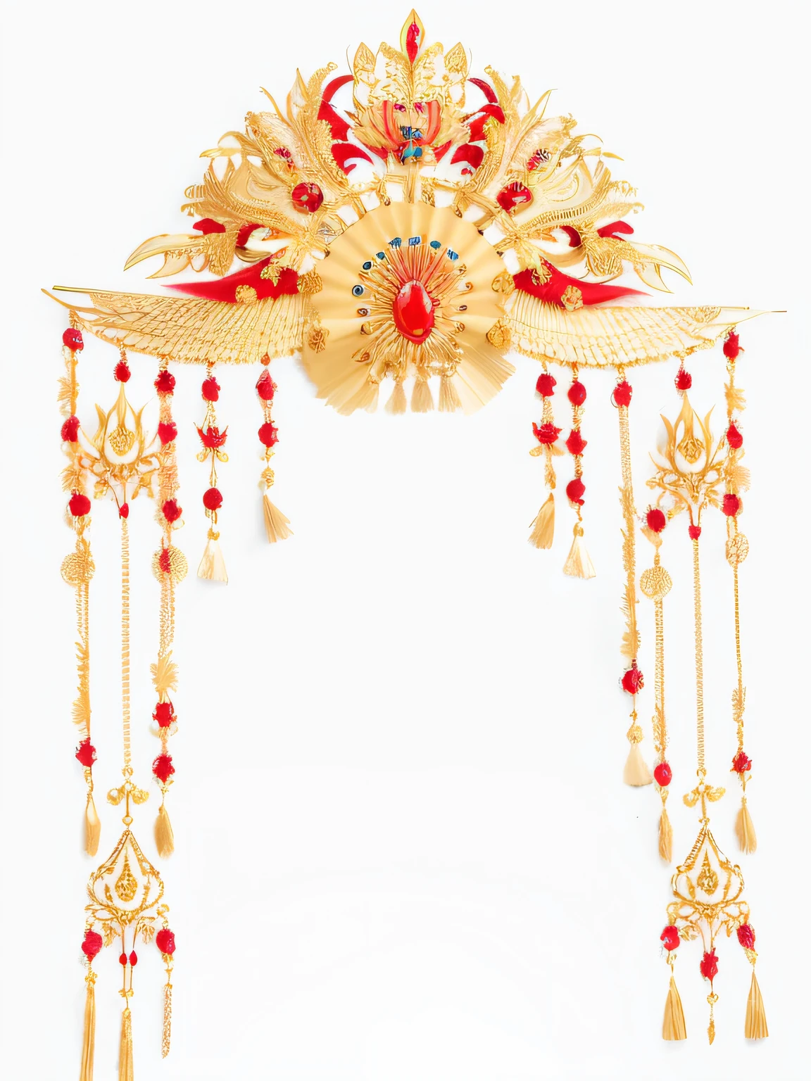 Gold and red headdress with close-up of bird, elaborate ornate head piece, ornate headdress, gorgeous and huge head ornaments, ornate headdress, head gear, Coral tiara, Hair ornaments, colonnade ornate headdress, ornate metal gold headpiece, red adornments, intricate gold headdress, red adornments