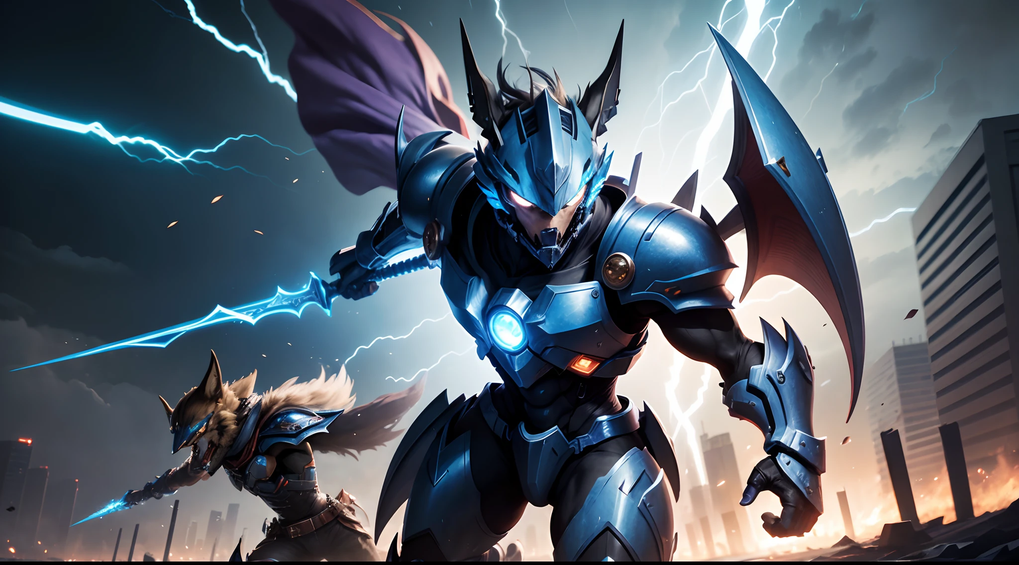 Yu-Gi-Oh Zoid wild wolf Digimon Knight using sword magical in hand skill power wearing shield in hand League of Legends splash art, official splash art, nasus, League of Legends art, League of Legends character art, League of Legends, League of Legends splashart Ultra High Definition, best quality, Hyper detailed best quality, high quality, High Details, Juicy, Accurate, Anatomically Correct, Textured Skin, UHD, 1080p Splash Art, Detailed Costume, Intense Action Scene, Extraordinary Skills, Breathtaking Special Effects, Cinematic Quality, Epic Showdown, Realistic CGI, High Definition Resolution , Iconic superhero pose, dramatic composition, background city scenery, intense facial expression, intense energetic aura, Superhuman strength, lightning-fast speed, invincibility, determination.