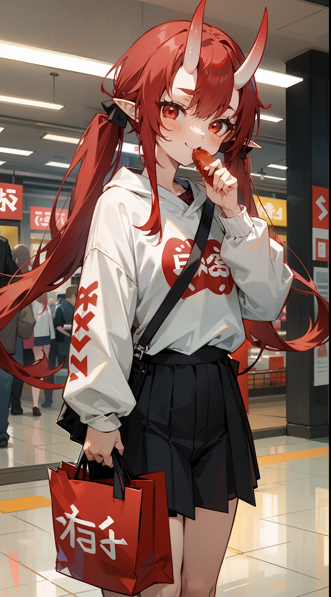 1oni girl,solo,happy,casual outfit,red hair,long twintail hair,pointy ears,oni horns,red eyes,walking in a shopping mall, several stores around, eating,cowboy shot