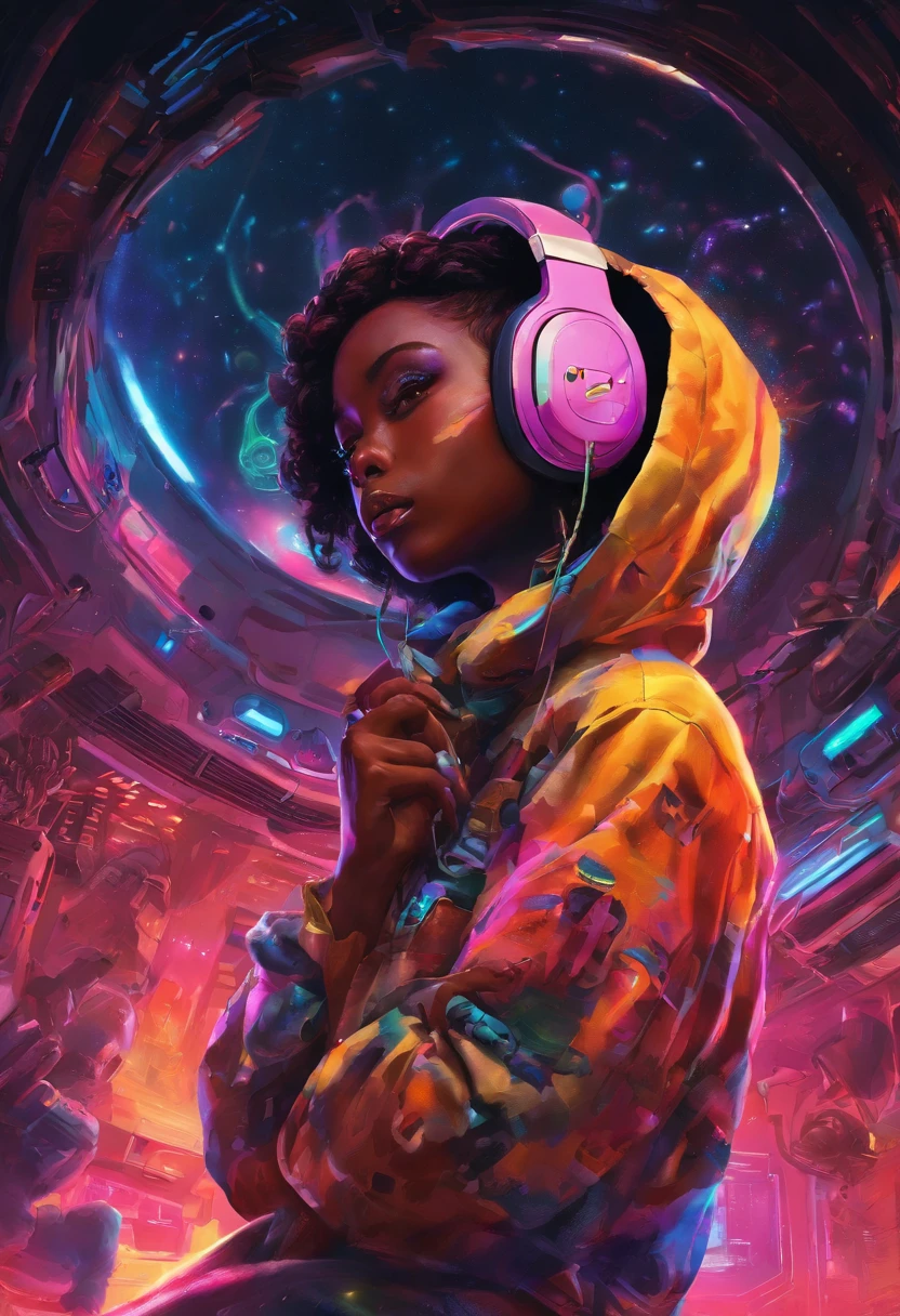 pixarstyle Monster Boy, Caramel Brown skin Black boy moor, Bald Hairstyle, Streetwear, Full Slime Body, colors neon, risa loca, malvada ,A digital window floating in cyber space and an operator woman sitting on a chair floating in space, operating the window floating around her. A beautiful face and brightly colored shining eyes. She wears a fancy hoodie with a hood and headphones. The lights of the digital window faintly illuminate the dark electronic space. The painting is detailed and well-drawn. Vivid colors. High image quality.