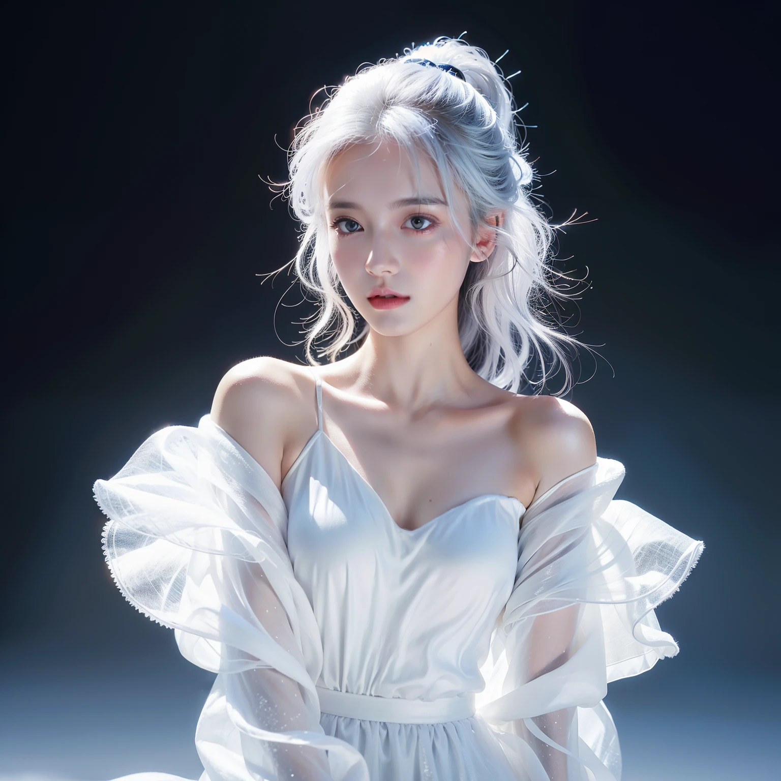 1girll,(Snow,Ice), snowflower, In winter, White hair, Shiny hair, Wavy hair, Transparent clothes, frilld, Lace, Wet clothes, Off_Shoulder, hair scrunchie,Masterpiece, Telephoto lens, absurderes, Exquisite facial features