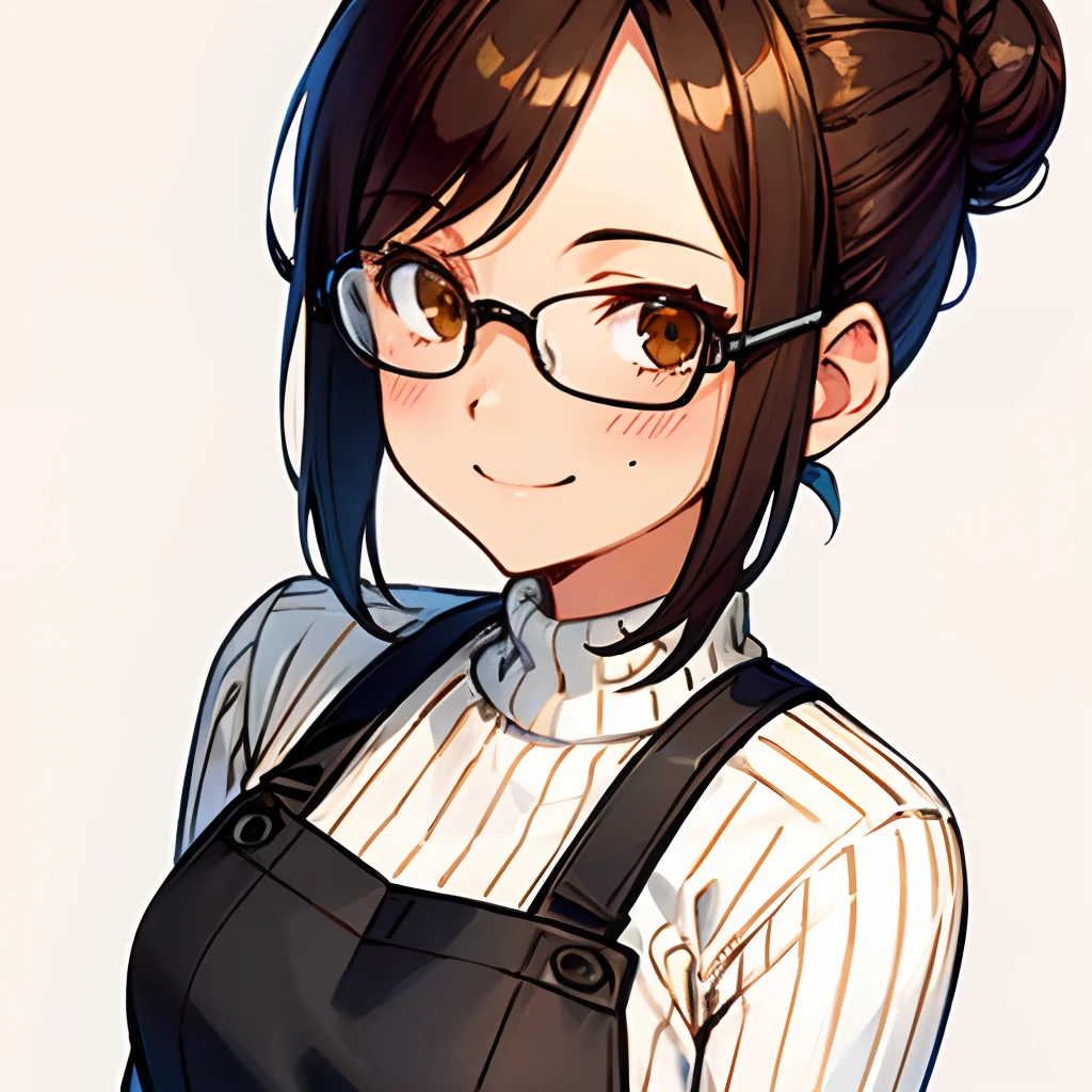 1woman, short brown hair in a bun, brown eyes, glasses, black apron, white ribbed sweater, blush, smile, solo, best quality, masterpiece, portrait, simple background, looking at the camera, from the front, 1result, vibrant, detailed, perfect anatomy, detailed art, high definition, 4k, high resolution