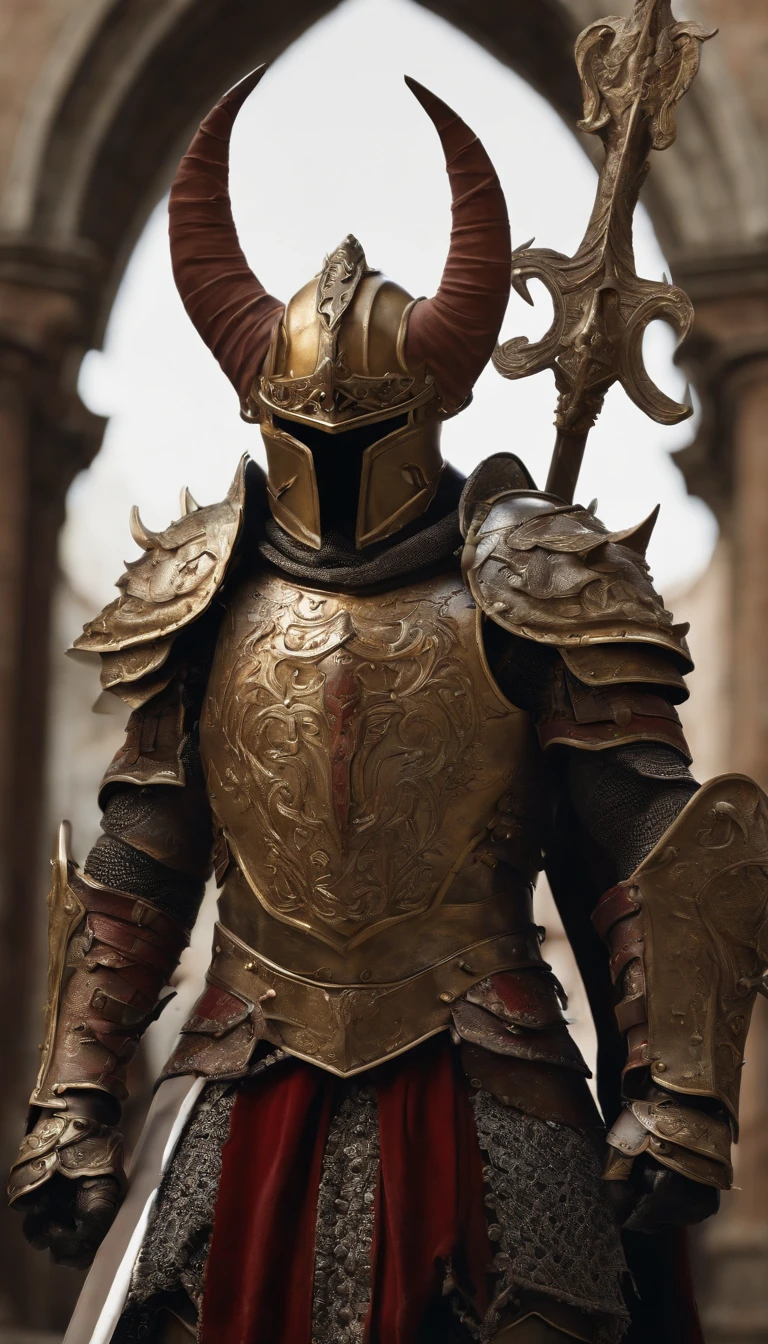 (Best quality,4K,8K,A high resolution,Masterpiece:1.2),Ultra-detailed,(Realistic,Photorealistic,photo-realistic:1.37),A sword-wielding demon armor warrior stood in the hall, Full body portrait of the mysterious knight, Wearing heavy armor，Behind him is a black cloak with a gorgeous pattern，A sacred warrior wielding a legendary sword, Mythical warriors in full-body armor, A golden knight with divine armor, The helmet is decorated with the devil's horns, The eyes glow blood-red, Concept art for glorious figures, Crimson Armor Knight, Epic Paladin armor, Holy medieval knight, Hold a long sword in one hand，Blades embedded in the earth, submission, Full body shot.