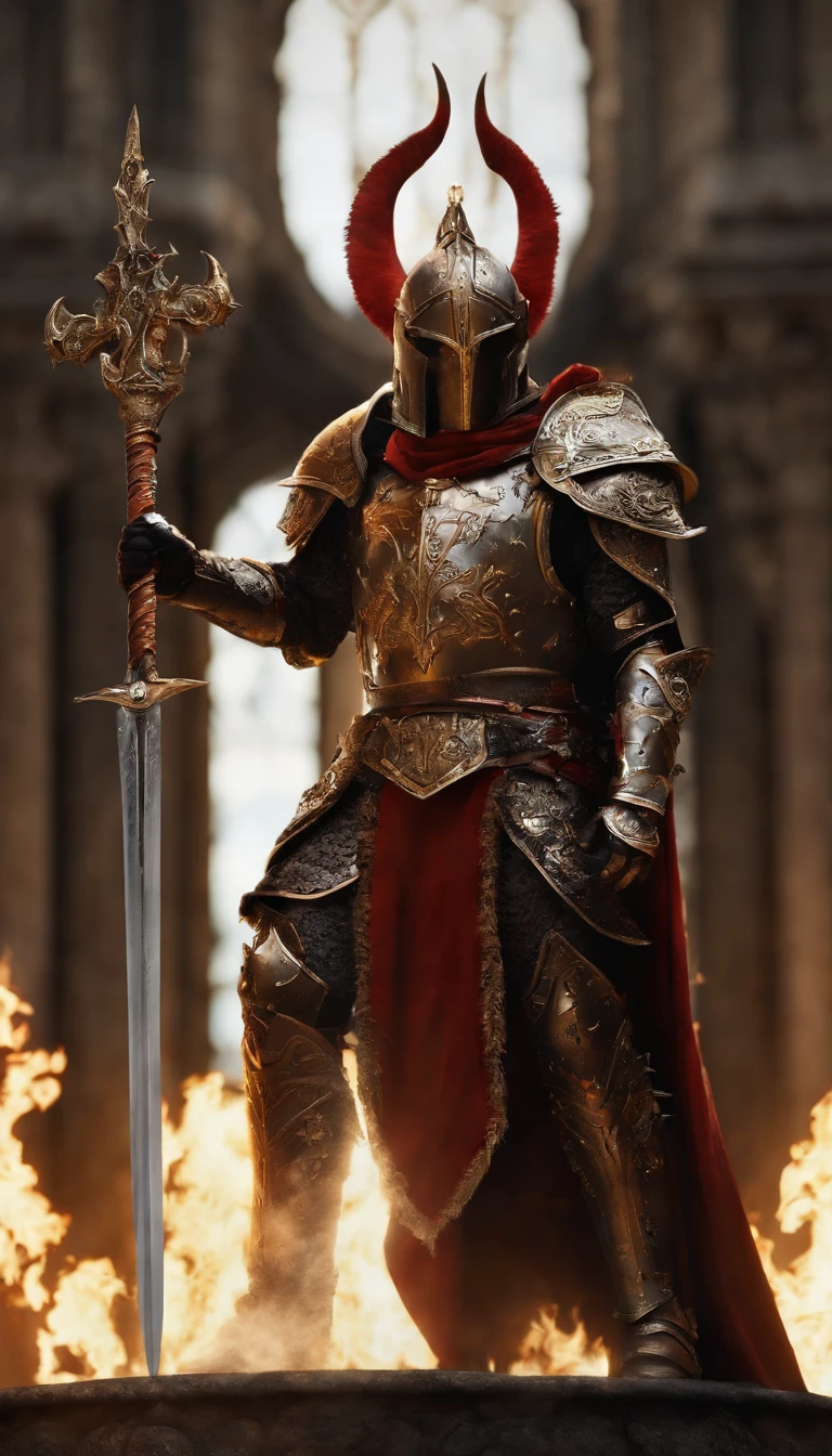 (Best quality,4K,8K,A high resolution,Masterpiece:1.2),Ultra-detailed,(Realistic,Photorealistic,photo-realistic:1.37),A sword-wielding demon armor warrior stood in the hall, Full body portrait of the mysterious knight, Wearing heavy armor,Behind him is a black cloak with a gorgeous pattern,A sacred warrior wielding a legendary sword, Mythical warriors in full-body armor, A golden knight with divine armor, The helmet is decorated with the devil's horns, The eyes glow blood-red, Concept art for glorious figures, Crimson Armor Knight, Epic Paladin armor, Holy medieval knight, Hold a long sword in one hand,Blades embedded in the earth, submission, Full body shot.