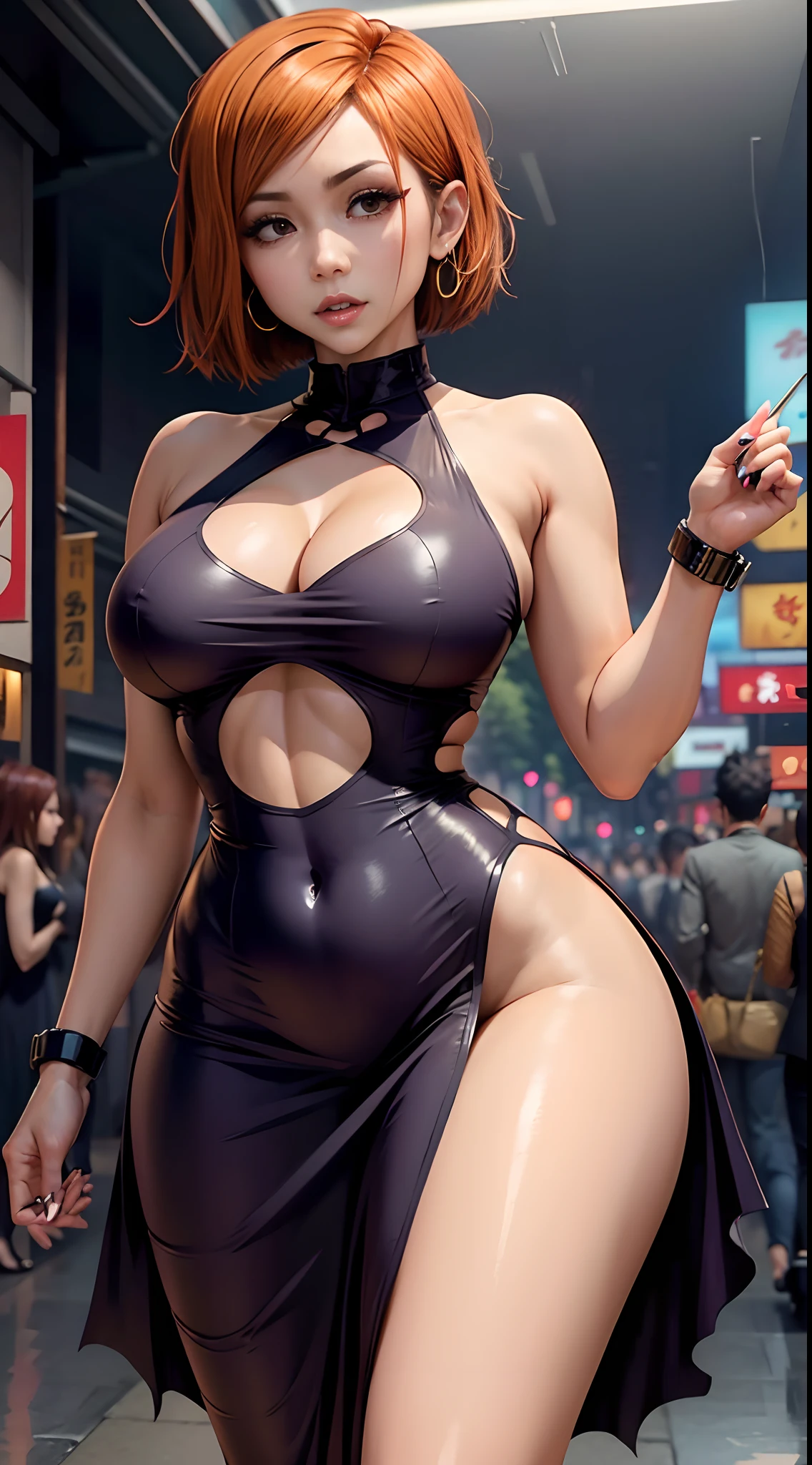 Nobara with wide hips and nice breasts whos seductive and clothed in a sexy seductive tight cutout dress with a little seductive look on face