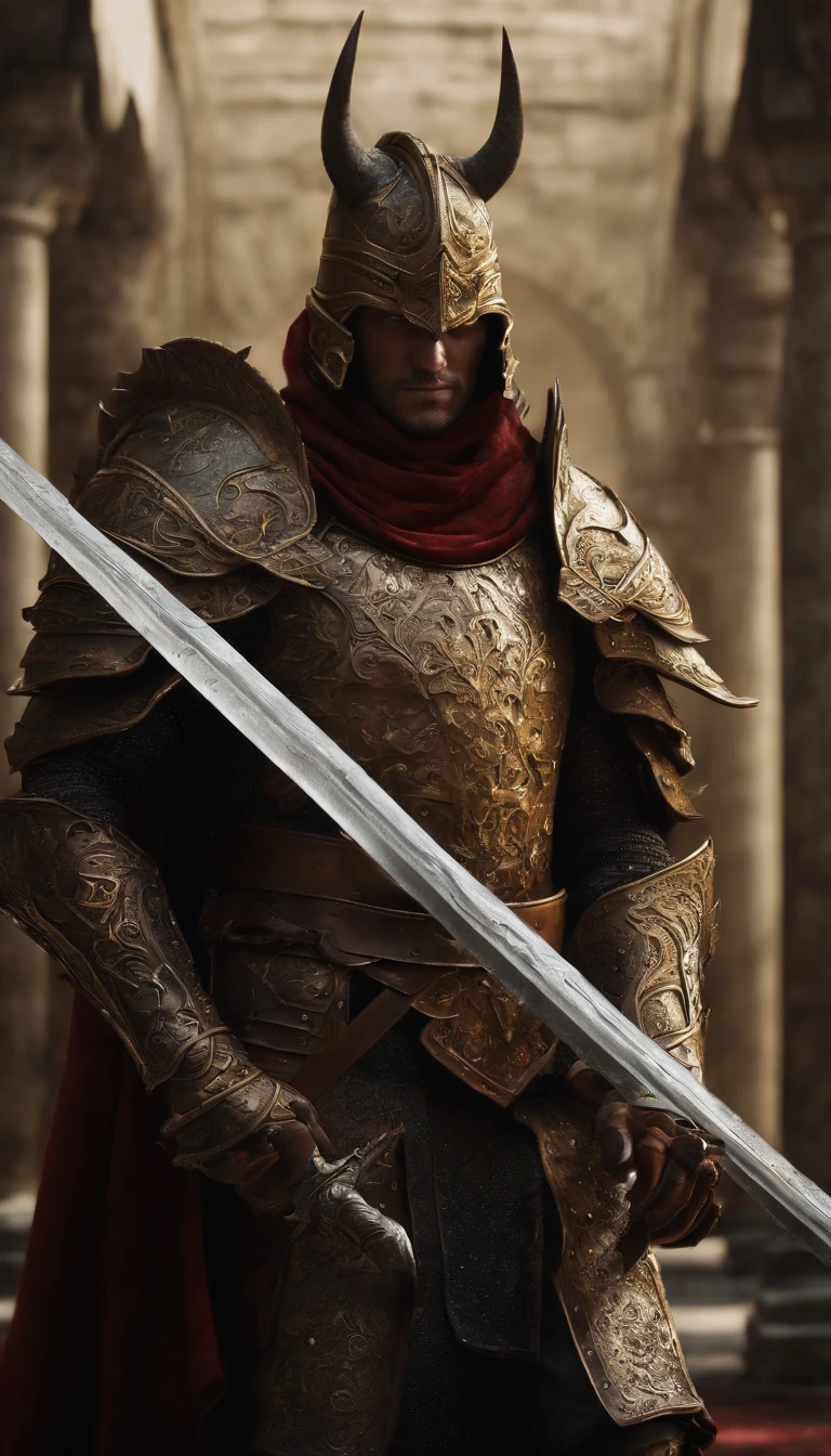 (Best quality,4K,8K,A high resolution,Masterpiece:1.2),Ultra-detailed,(Realistic,Photorealistic,photo-realistic:1.37),A sword-wielding demon armor warrior stood in the hall, Full body portrait of the mysterious knight, Wearing heavy armor，Behind him is a black cloak with a gorgeous pattern，A sacred warrior wielding a legendary sword, Mythical warriors in full-body armor, A golden knight with divine armor, The helmet is decorated with the devil's horns, The eyes glow blood-red, Concept art for glorious figures, Crimson Armor Knight, Epic Paladin armor, Holy medieval knight, Hold a long sword in one hand，Blades embedded in the earth, submission, Full body shot.