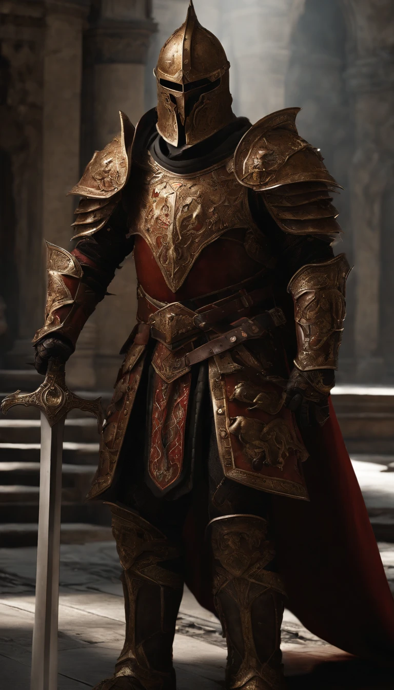 (Best quality,4K,8K,A high resolution,Masterpiece:1.2),Ultra-detailed,(Realistic,Photorealistic,photo-realistic:1.37),A sword-wielding demon armor warrior stood in the hall, Full body portrait of the mysterious knight, Wearing heavy armor，Behind him is a black cloak with a gorgeous pattern，A sacred warrior wielding a legendary sword, Mythical warriors in full-body armor, A golden knight with divine armor, The helmet is decorated with the devil's horns, The eyes glow blood-red, Concept art for glorious figures, Crimson Armor Knight, Epic Paladin armor, Holy medieval knight, Hold a long sword in one hand，Blades embedded in the earth, submission, Full body shot.