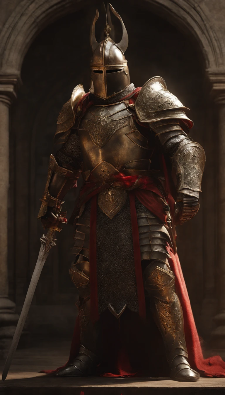 (Best quality,4K,8K,A high resolution,Masterpiece:1.2),Ultra-detailed,(Realistic,Photorealistic,photo-realistic:1.37),A sword-wielding demon armor warrior stood in the hall, Full body portrait of the mysterious knight, Wearing heavy armor,Behind him is a black cloak with a gorgeous pattern,A sacred warrior wielding a legendary sword, Mythical warriors in full-body armor, A golden knight with divine armor, The helmet is decorated with the devil's horns, The eyes glow blood-red, Concept art for glorious figures, Crimson Armor Knight, Epic Paladin armor, Holy medieval knight, Hold a long sword in one hand,Blades embedded in the earth, submission, Full body shot.