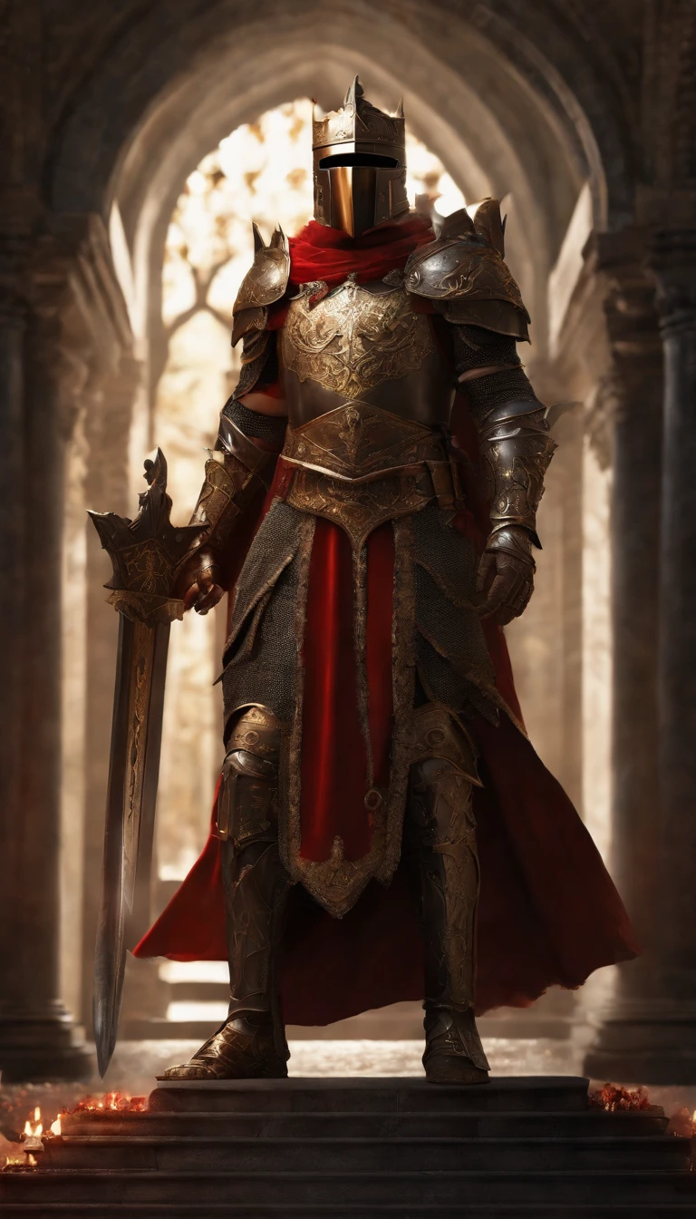 (Best quality,4K,8K,A high resolution,Masterpiece:1.2),Ultra-detailed,(Realistic,Photorealistic,photo-realistic:1.37),A sword-wielding demon armor warrior stood in the hall, Full body portrait of the mysterious knight, Wearing heavy armor,Behind him is a black cloak with a gorgeous pattern,A sacred warrior wielding a legendary sword, Mythical warriors in full-body armor, A golden knight with divine armor, The helmet is decorated with the devil's horns, The eyes glow blood-red, Concept art for glorious figures, Crimson Armor Knight, Epic Paladin armor, Holy medieval knight, Hold a long sword in one hand,Blades embedded in the earth, submission, Full body shot.