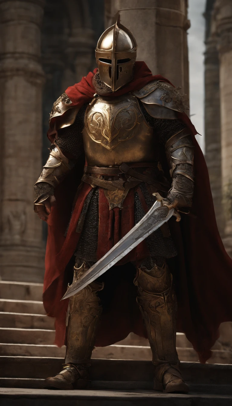 (Best quality,4K,8K,A high resolution,Masterpiece:1.2),Ultra-detailed,(Realistic,Photorealistic,photo-realistic:1.37),A sword-wielding demon armor warrior stood in the hall, Full body portrait of the mysterious knight, Wearing heavy armor，Behind him is a black cloak with a gorgeous pattern，A sacred warrior wielding a legendary sword, Mythical warriors in full-body armor, A golden knight with divine armor, The helmet is decorated with the devil's horns, The eyes glow blood-red, Concept art for glorious figures, Crimson Armor Knight, Epic Paladin armor, Holy medieval knight, Hold a long sword in one hand，Blades embedded in the earth, submission, Full body shot.