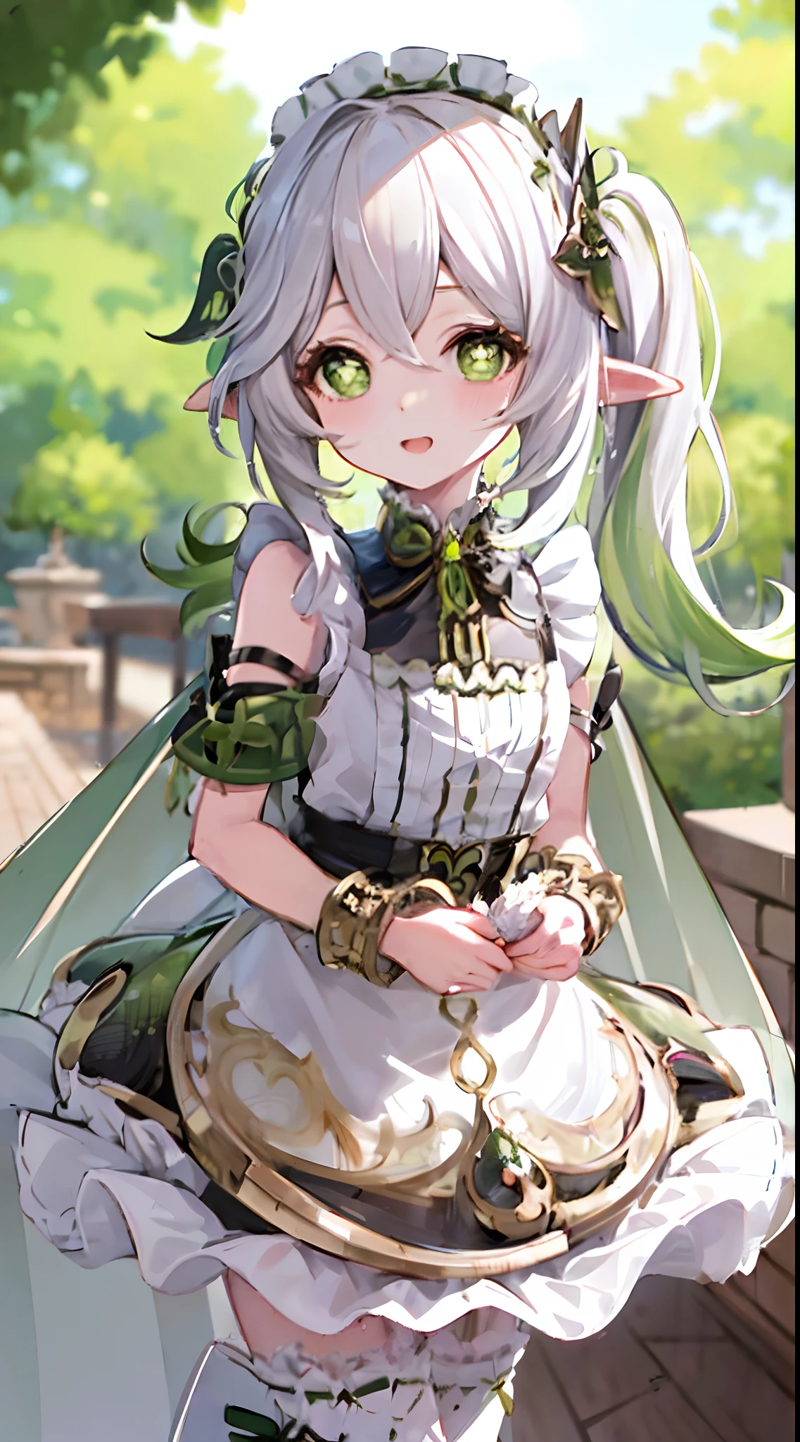 masterpiece, best quality, 1girl, solo, nahida_genshin, cross-shaped pupils, maid outfit, green cape, standing