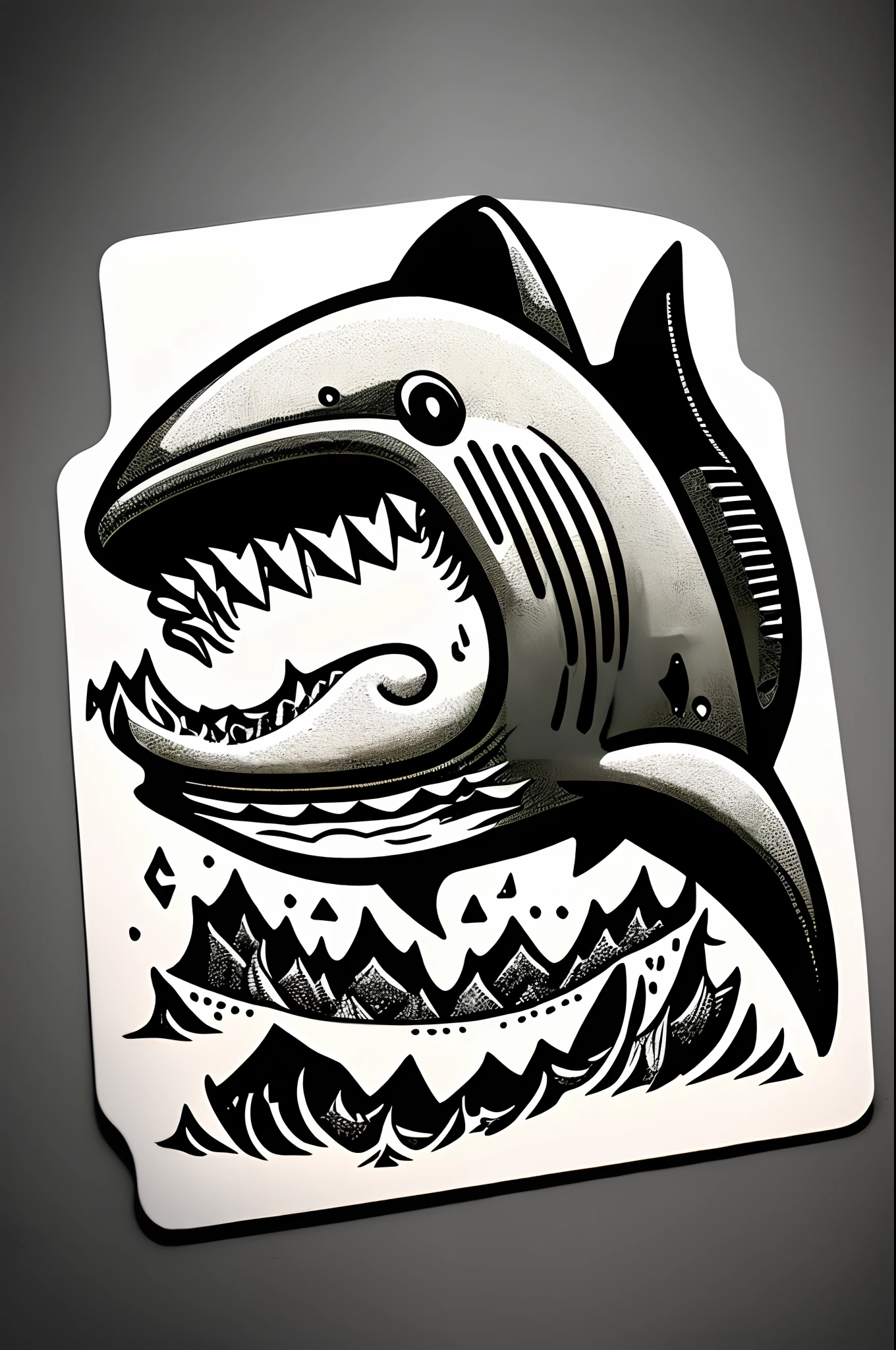 /imagine prompt: shark illustration for a sticker with a black background, in bold outline style, jagged edges, trashcore, light shading --v 5.2
