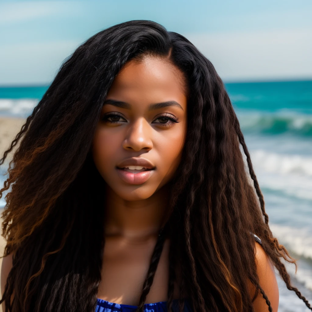 (ung and beautiful light skin black girl:1.
2)), long hair Super beautiful detailed face, Star e at me, open mouth slightly, Highest Quality, H igh definition RAW color photos, Professional P hotography, at beach
